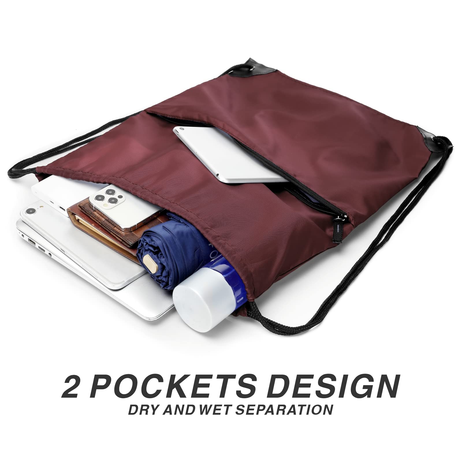 210D Nylon Foldable Drawstring Backpack with Zipper Side Pocket - Lightweight Sports Gym Tote Bag for Men & Women (Burgundy) - Perfect for Workouts, Travel, School & Outdoor Activities