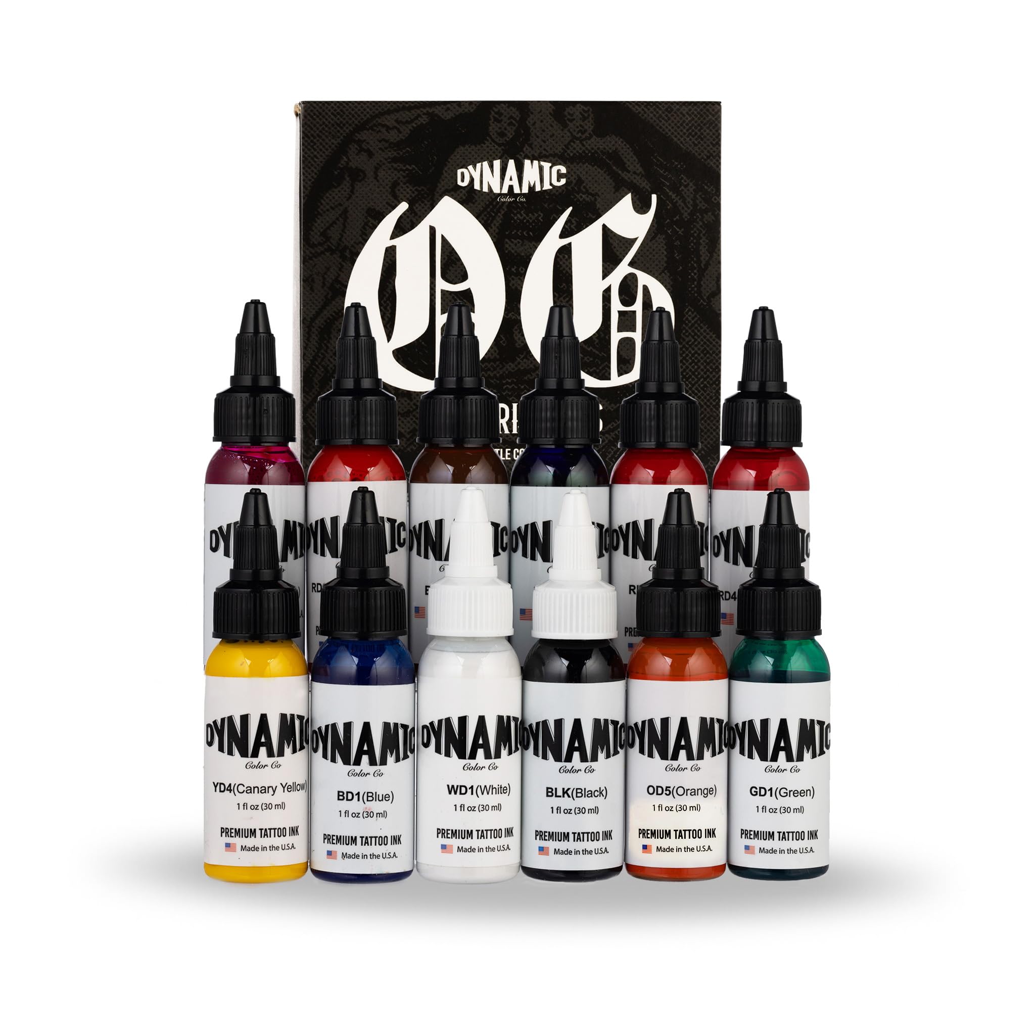 Dynamic Color Co - OG Color Ink Set, 12 Bottles (1 oz Each) - Burgundy Red, Chinese Red, Fire Red, Green, Blue, Orange, White, Canary Yellow, Brown, Magenta, Violet, Black - Perfect for Calligraphy, Art Projects, and DIY Crafts