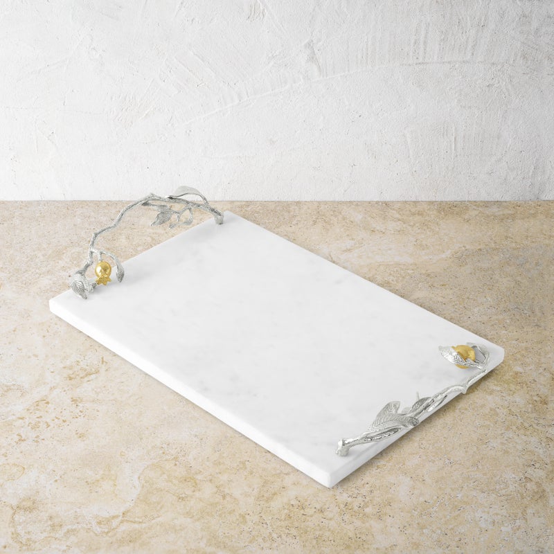 Elegant Pomegranate Silver & Gold Cheese Board Set with Spreader - Perfect for Wine Parties, Charcuterie Platters & Holiday Entertaining