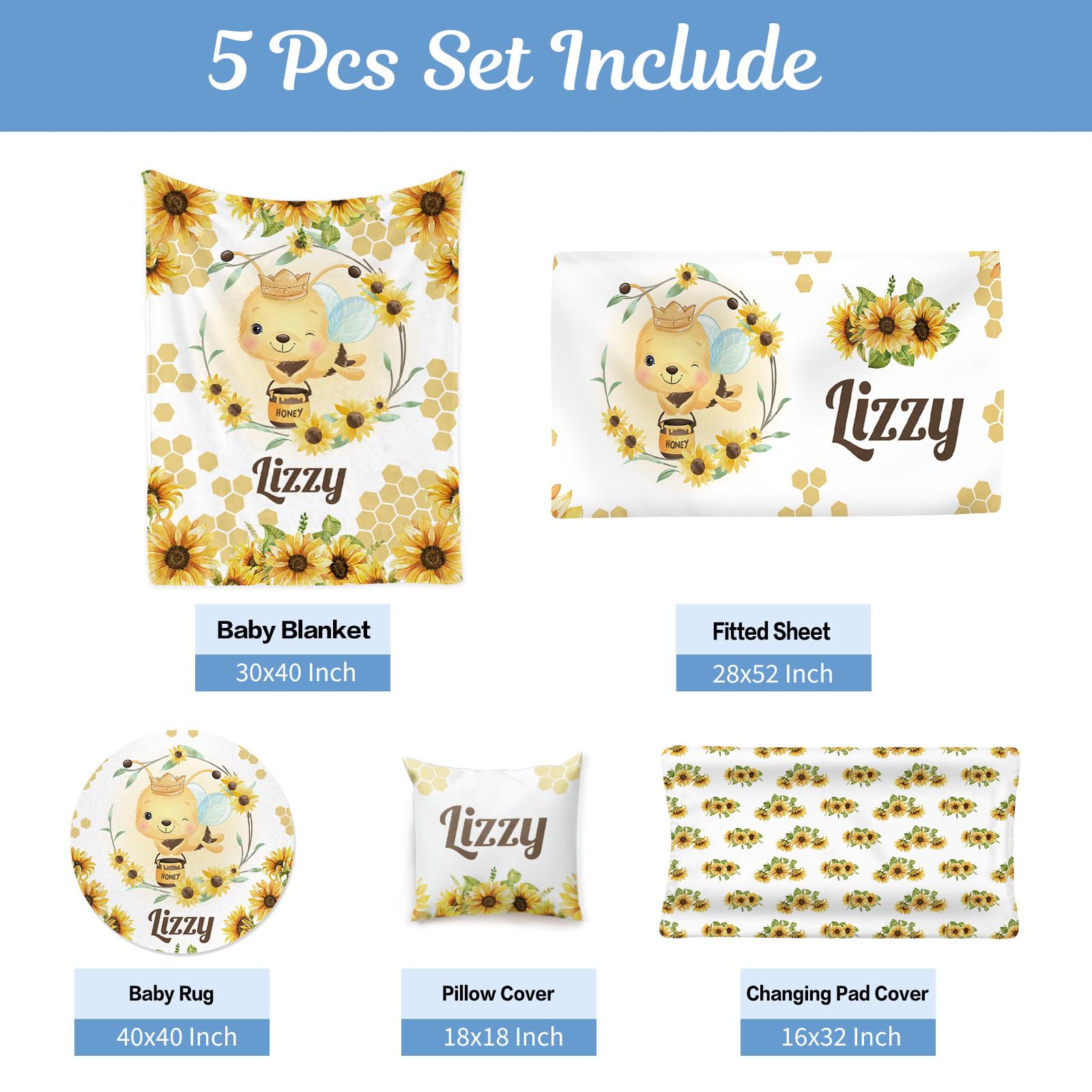 Personalized Baby Crib Bedding Set - 5 Piece Custom Nursery Set with Name for Boys & Girls | Sunflower Bee Theme Crib Set | Perfect Baby Shower Gift & Nursery Decor for Toddlers & Newborns
