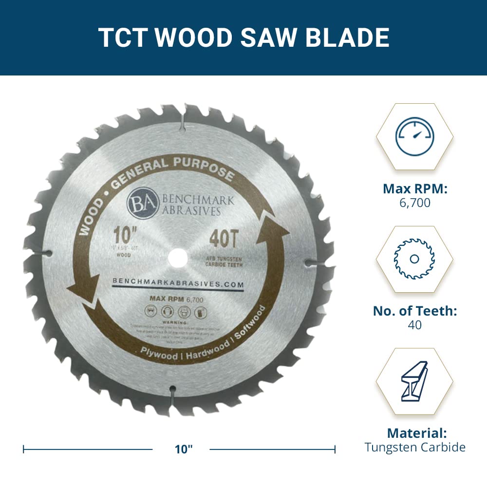 Benchmark Abrasives 10 Inch 40-Tooth TCT Saw Blade - Tungsten Carbide Tipped Circular Saw Blade for Wood Cutting - 5/8