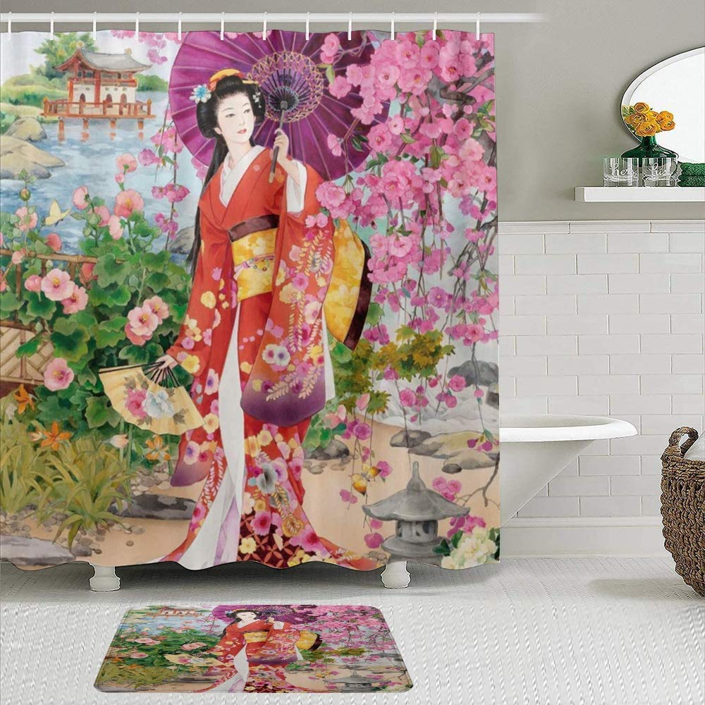 Japanese Geisha Girl Shower Curtain with Hooks - Waterproof Polyester Fabric Bathroom Decor for Modern & Traditional Bathrooms - Perfect for Spa, Hotel, or Home Bathroom Makeover