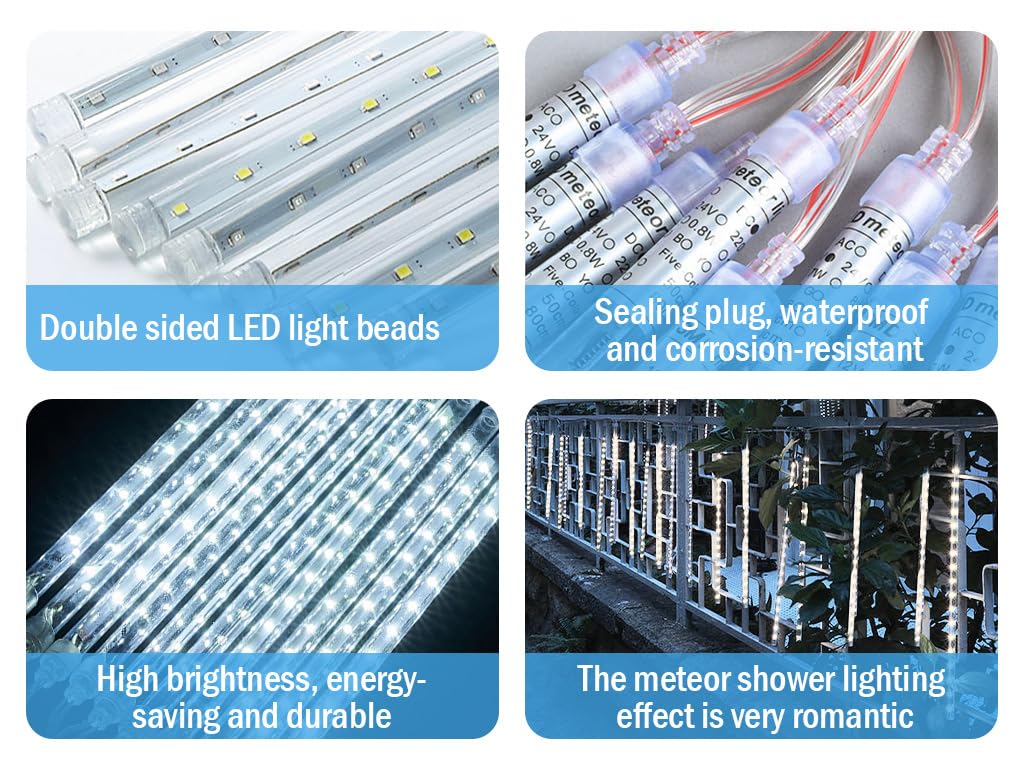 30cm 8 Tubes 192 LED Meteor Shower Lights - Outdoor Christmas Rain Lights with Transformer | White Snowfall Fairy Lights for Wedding, Party & Tree Decorations | Perfect for Garden, Yard, and Holiday Displays