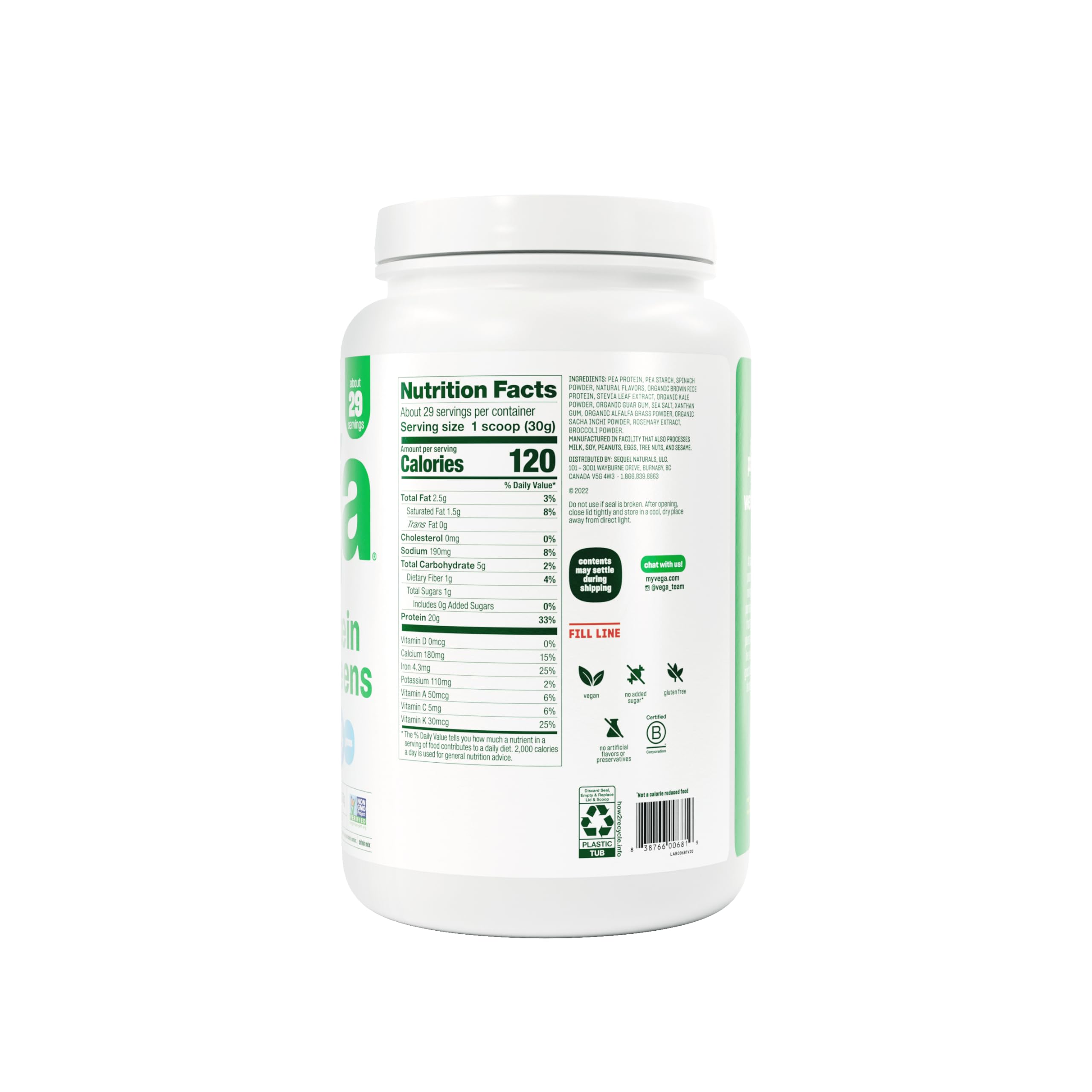 Vega Protein and Greens Protein Powder, Vanilla - 20g Plant-Based Vegan Protein with Superfood Vegetables | Non-GMO, Gluten-Free Pea Protein for Men & Women | 1.9lb (30 Servings) | Perfect for Post-Workout Recovery, Meal Replacement & Healthy Smoothies