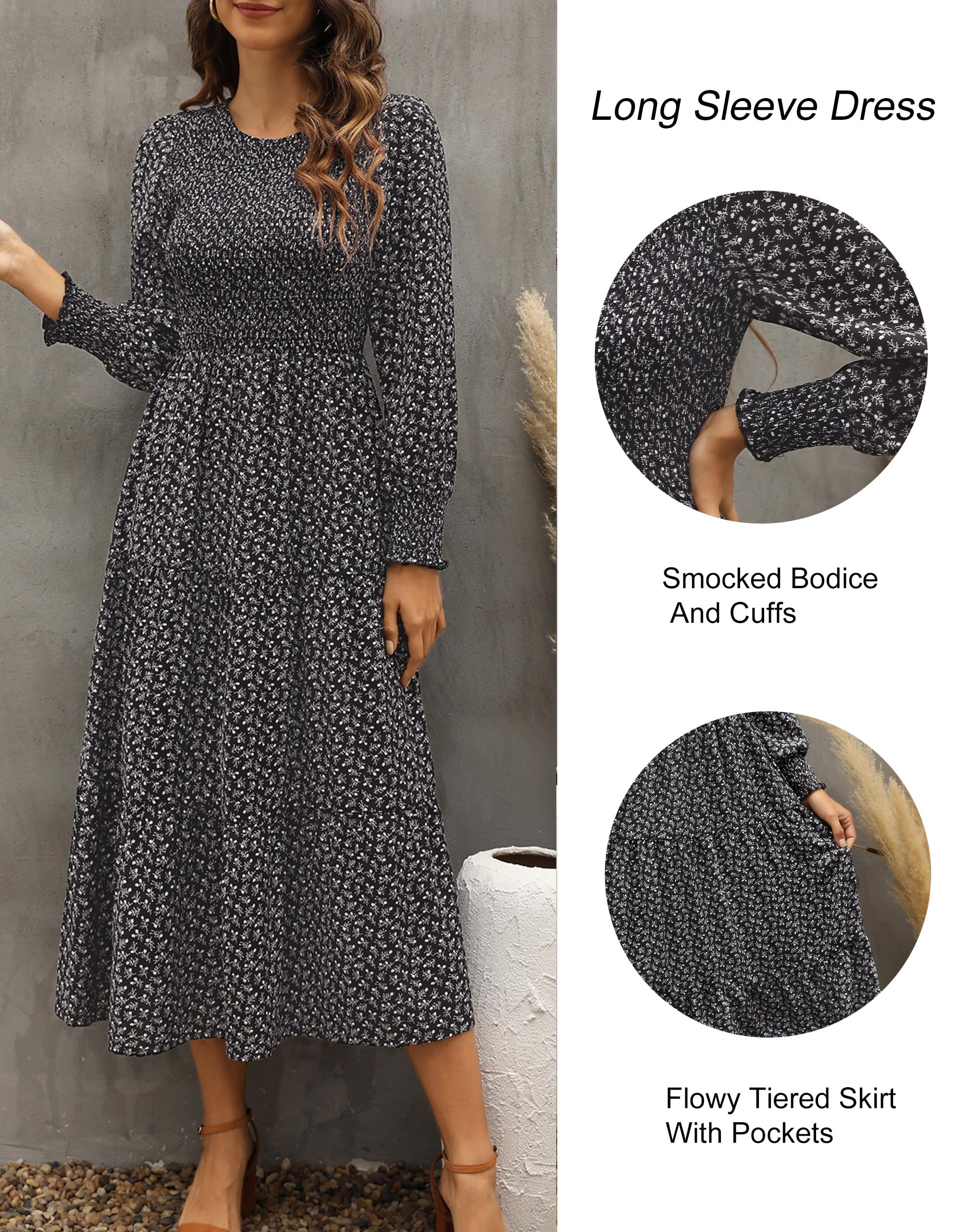 Zattcas Women's Fall Dresses 2025 - Casual Long Sleeve Smocked Boho Floral Tiered Midi Dress with Pockets for Wedding Guest, Party, Church & Autumn Outings