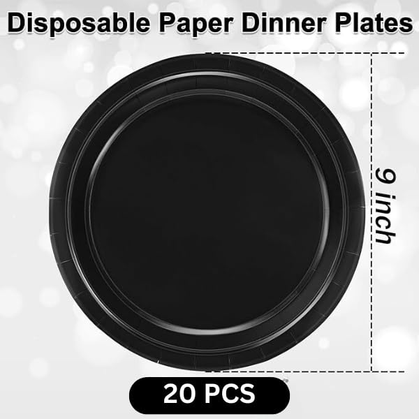 PRETTY UR PARTY 9 Inch Black Biodegradable Paper Plates - Pack of 20 | Eco-Friendly Disposable Round Party Plates for Cakes, Desserts, Snacks & Fruits | Perfect for Birthday Parties, Picnics & Family Gatherings