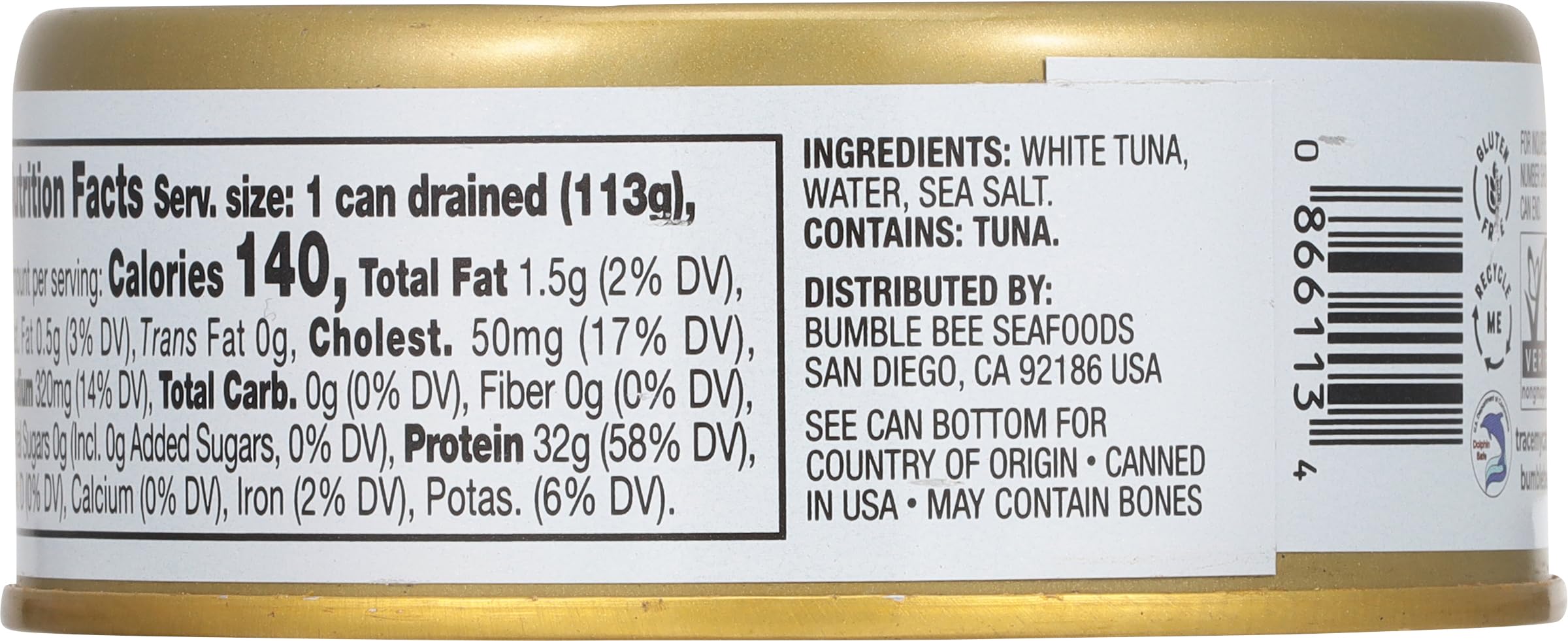 Bumble Bee Prime Solid White Albacore Tuna in Water, 5 oz Cans (Pack of 4) - Wild Caught, High Protein Tuna (32g per Serving) - Non-GMO, Gluten Free, Kosher Certified - Perfect for Salads, Sandwiches & Meal Prep