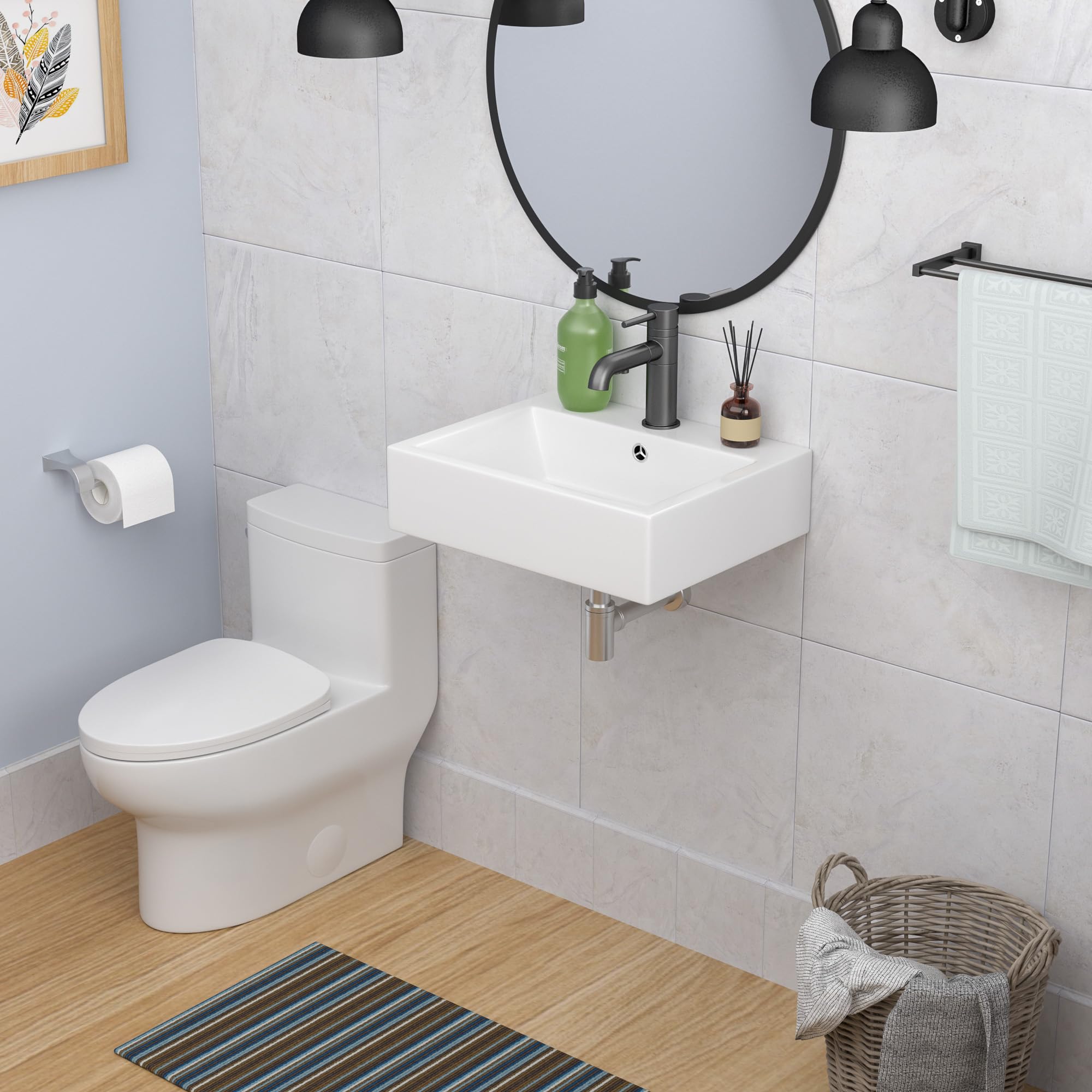 Lepuday 22x18 Inch White Ceramic Wall Mount Sink - Floating Vessel Bathroom Sink, Rectangle Wall Hung Basin for Modern & Space-Saving Bathroom Design