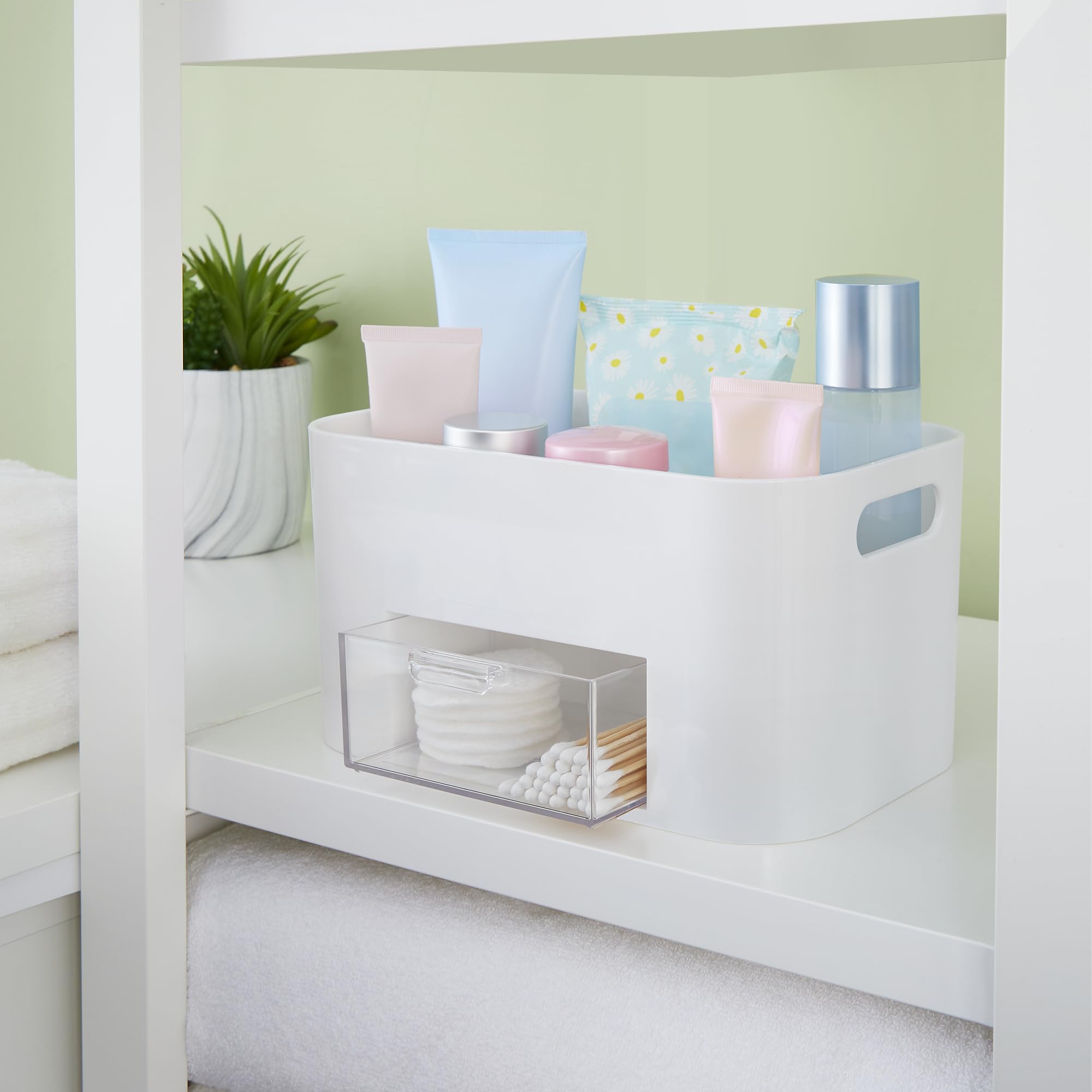 STORi Bliss White Makeup Organizer - Countertop Cosmetic Storage with Divided Drawers & Brush Holder | Nail Polish Organizer | Made in USA | Perfect for Vanity, Bathroom & Travel Beauty Organization