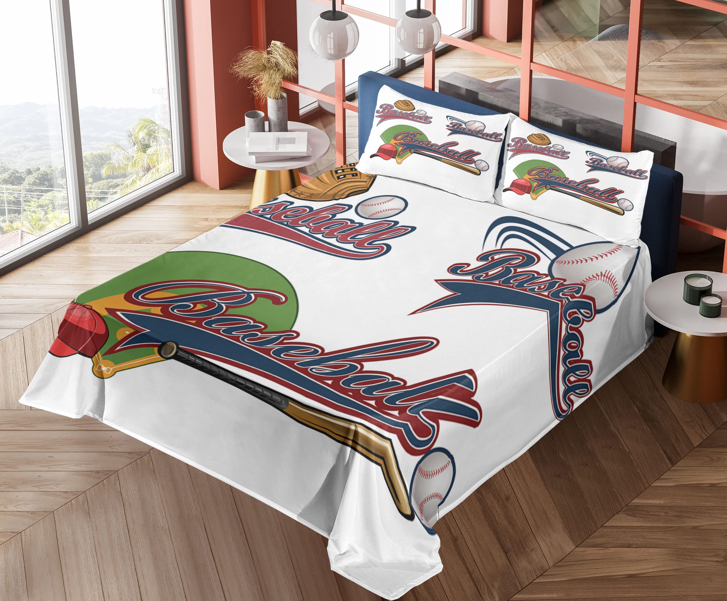 Ambesonne 3-Piece Baseball Sports Sheet Set - Twin XL Fitted & Flat Sheet with Pillowcase - Baseball Mitt, Bat & Ball Design - Team Sports Bedding for Kids & Adults - Perfect for Game Day Decor, Sports Themed Bedrooms & Fan Gifts