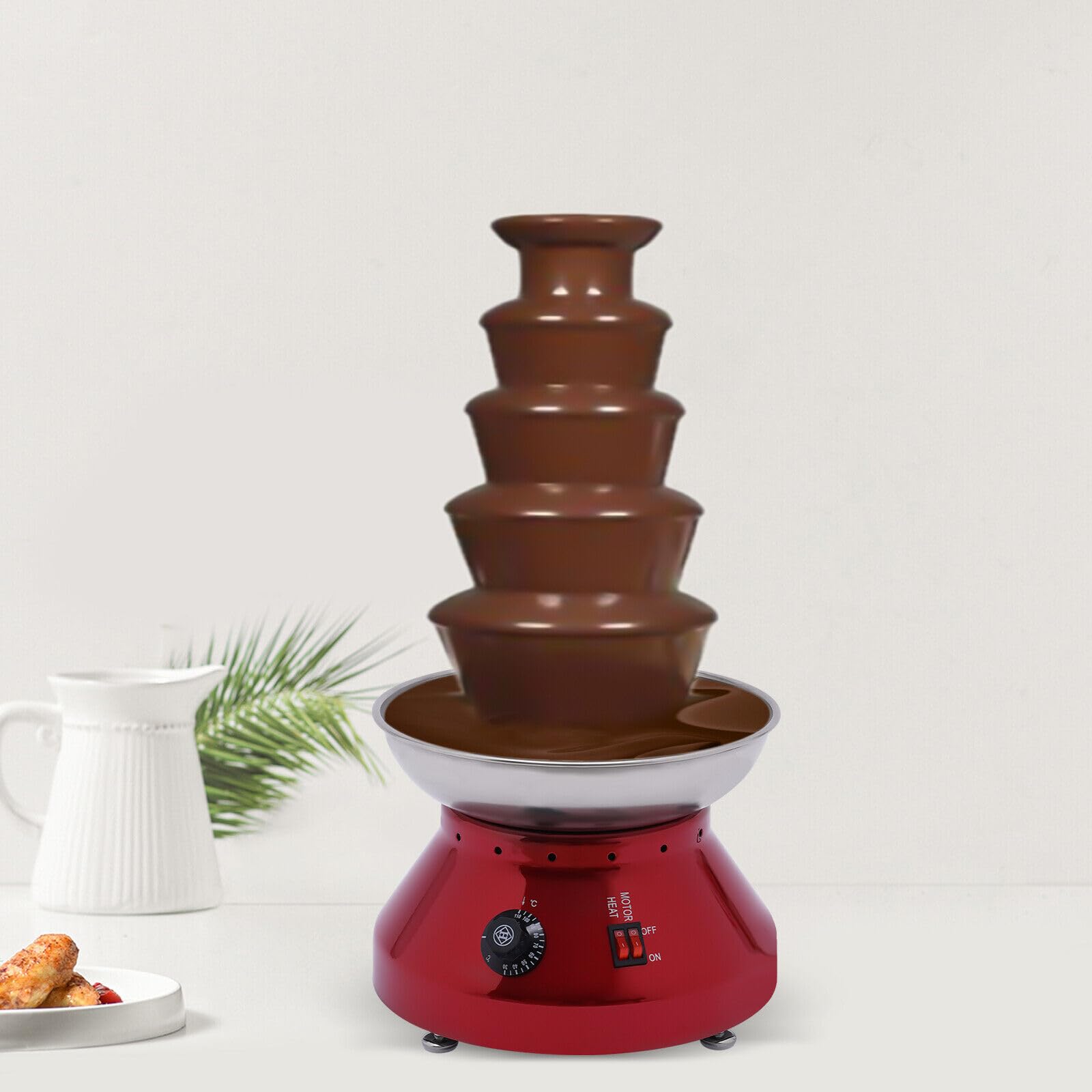 Commercial Chocolate Fountain Machine 7lb Large Capacity - Stainless Steel Hot Chocolate Melting Heater for Fondue, Nacho Cheese & Liqueurs - Perfect for Weddings, Parties & Events (5-Tier, Red)