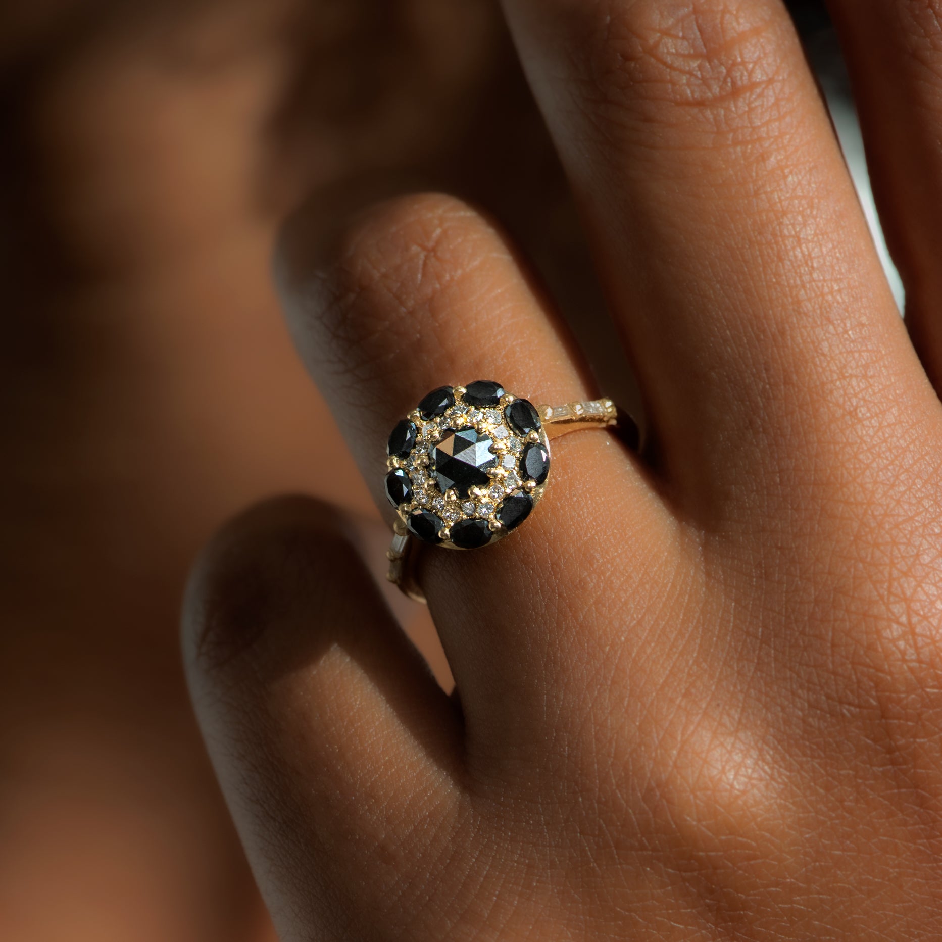 Black Diamond Mandala Engagement Ring with Baguette Diamond Band - Elegant Wedding Ring for Women, Unique Proposal Gift, Perfect for Bridal Jewelry and Special Occasions