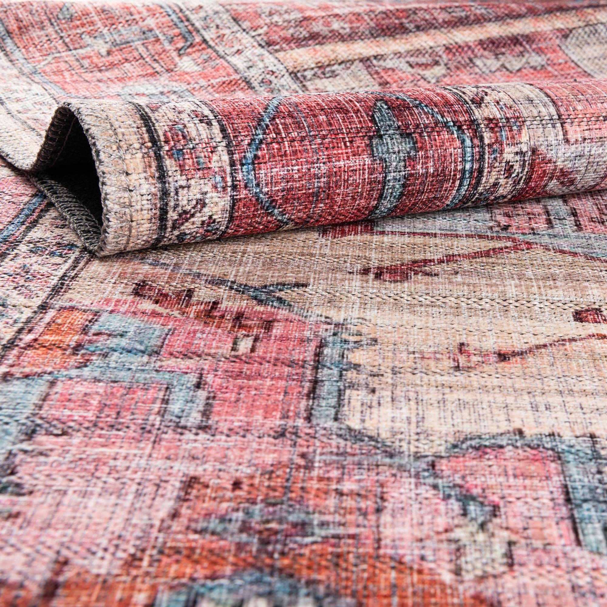 Washable Beige Low-Pile Rug 5' x 8' Oval - Maahru Collection by Rugs.com | Non-Slip Living Room Carpet, Dining Room Floor Mat, Open Space Decor for Home & Office