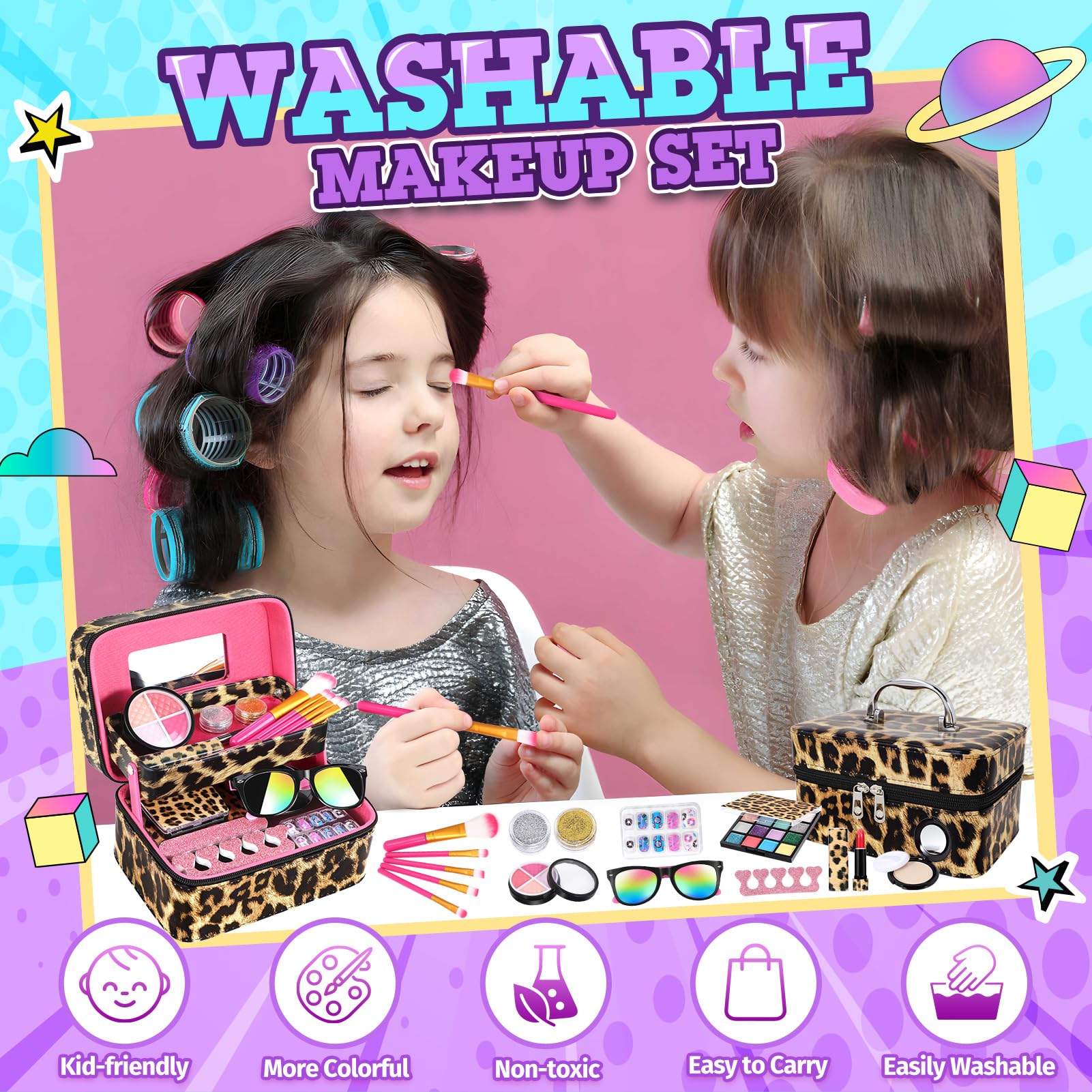 **Washable Kids Makeup Kit for Girls - Double Layer Pretend Play Cosmetic Set, Non-Toxic & Safe Toddler Toys for Ages 3-12 - Perfect Birthday Gift for Little Princesses (Great for Dress-Up, Role Play & Party Fun)**