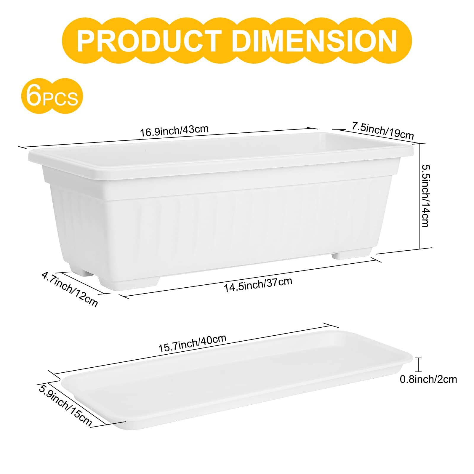 6 Pack White Plastic Window Box Planters - 17 Inch Rectangular Flower & Vegetable Planters with Drainage Trays - Perfect for Windowsill, Balcony, Patio, Garden & Porch Decor - Indoor/Outdoor Gardening Solution