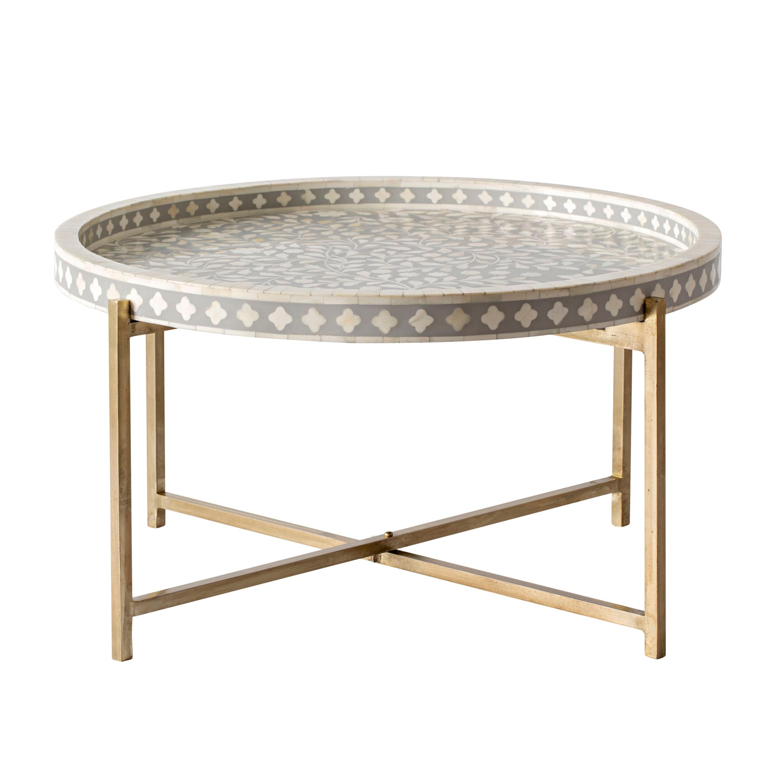 Elegant Bone Inlay Round Coffee Table with Gold Frame - 30 Inch Grey Modern Center Table for Living Room, Lounge & Office Decor
