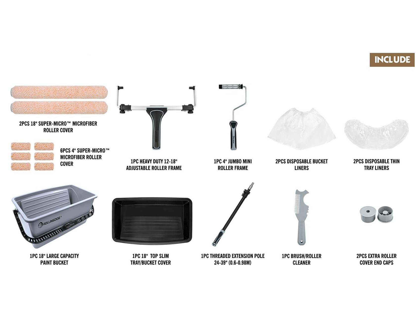 ROLLINGDOG 18 Inch Paint Roller Kit - Includes 18 Inch Frame, 2-3.2 Ft Extension Pole, Paint Bucket with Liners, 2 Microfiber Roller Sleeves & 4 Inch Roller Covers - Perfect for Walls, Ceilings & Large Painting Projects