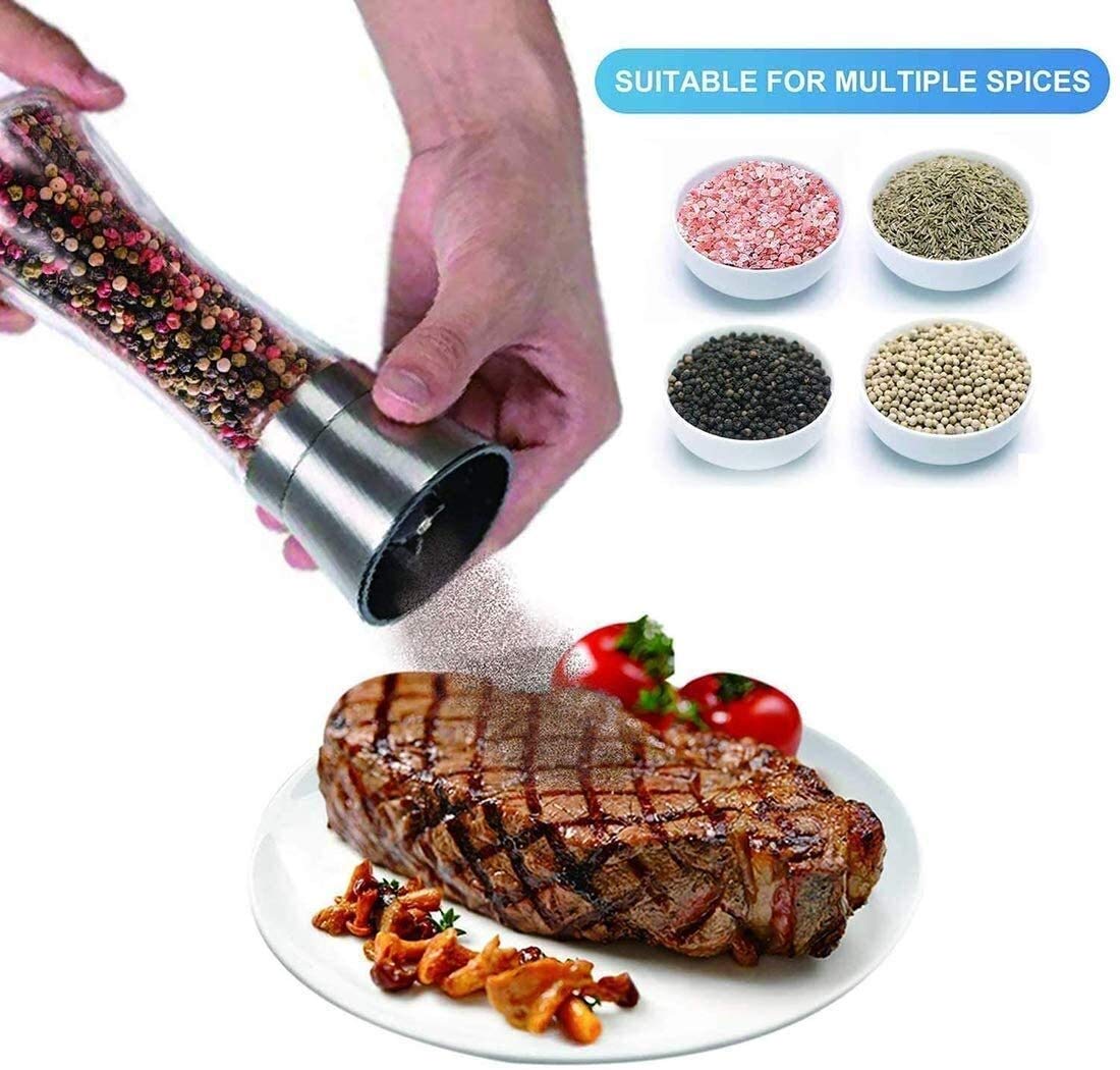 Premium Stainless Steel Pepper Mill and Salt Grinder Set - Adjustable Coarseness, Refillable Ceramic Core & Durable Glass Bottles - Perfect for Kitchen, Dining Table & Gourmet Cooking