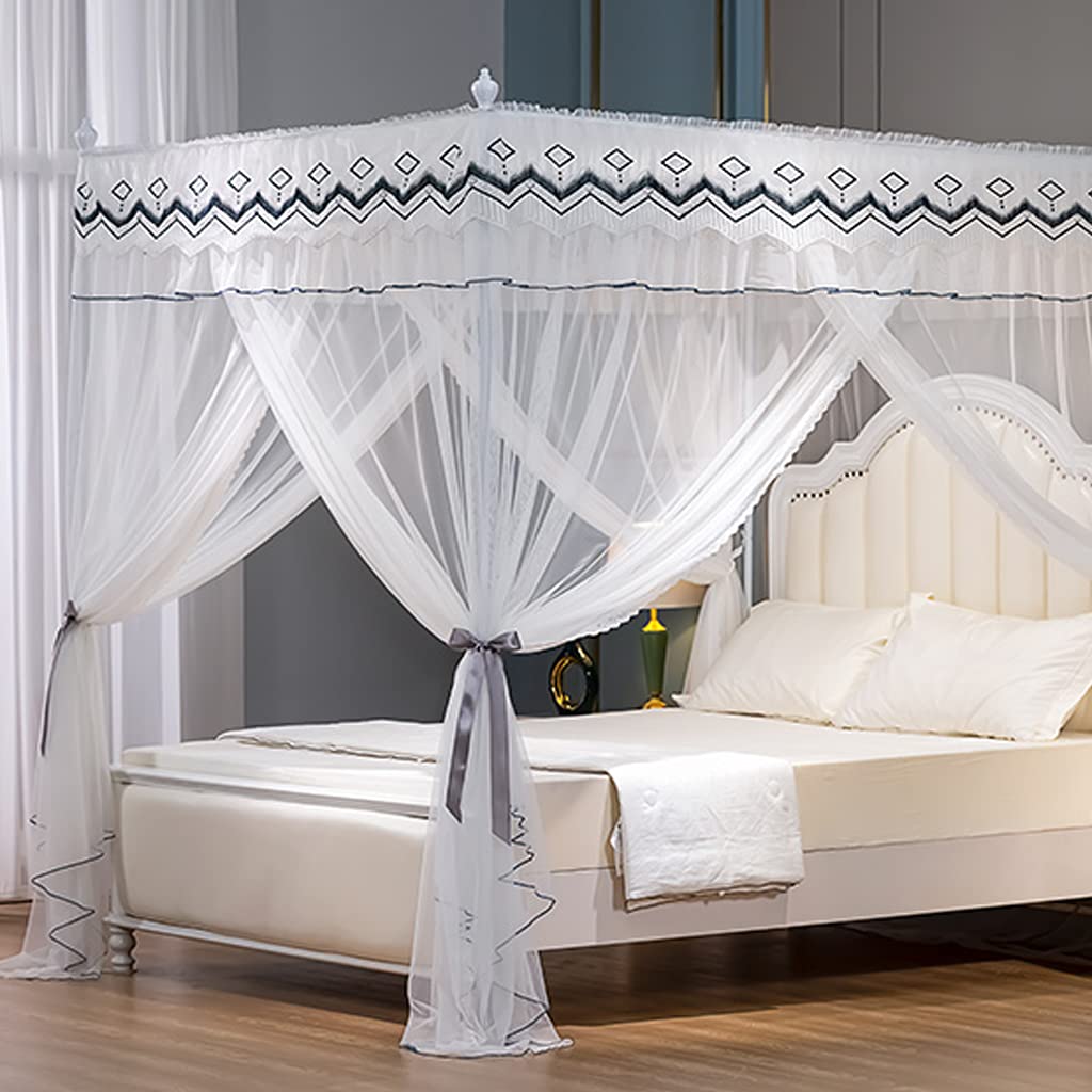 SCMTY Princess 4-Poster Mosquito Net Canopy for Kids Bed - White California King Size Bed Frame with Decorative Curtains | Perfect for Girls' Bedroom, Toddler Crib, Nursery Decor & Sleep Protection