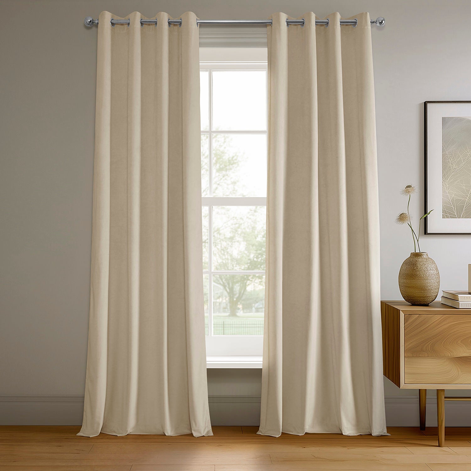 Alabaster Beige Blackout Curtains with Grommet Top - Thermal Insulated Velvet Drapes for Bedroom & Living Room - Noise Reducing Window Treatments for Home Decor