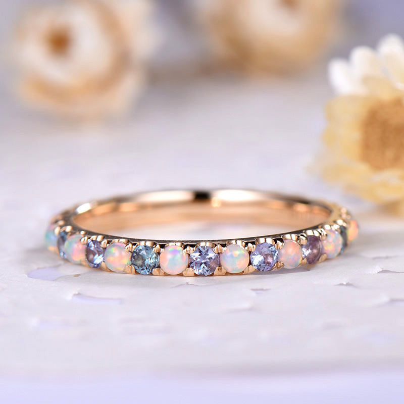 Opal and Alexandrite Wedding Band - Full Eternity Ring in 14K/18K Gold for Women | Elegant Bridal Jewelry, Anniversary Gift, Engagement Ring Alternative