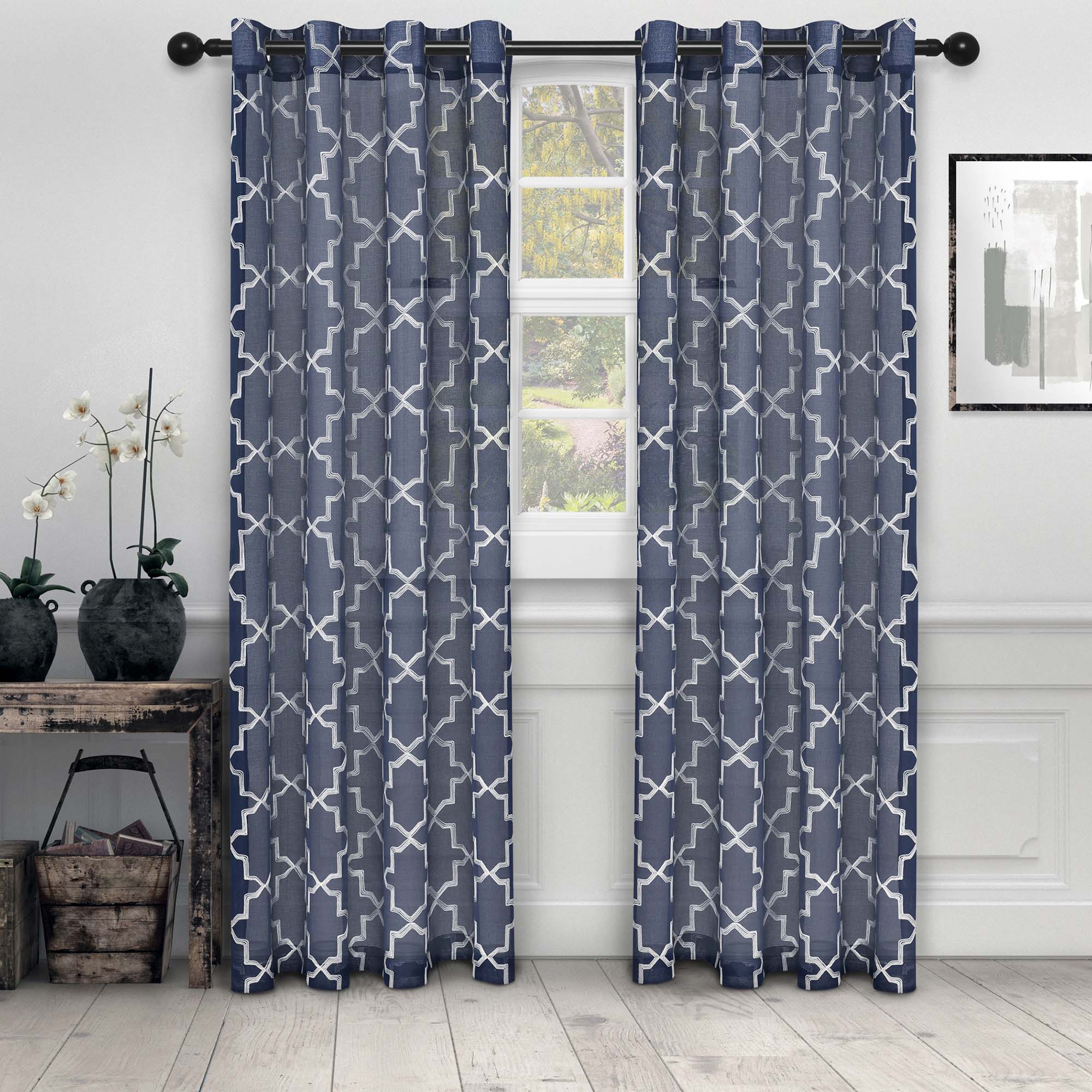 Embroidered Quatrefoil Semi-Sheer 2-Piece Curtain Panel Set - Elegant Window Treatment for Living Room & Bedroom Decor