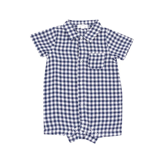 Muslin Button Down Polo Short Sleeve Shirt for Men - Navy Blue Gingham Print - Casual Summer Wear, Beach Outings, and Office Casual Style
