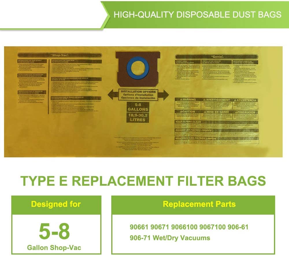 5-Pack HEPA Vacuum Bags (Model 9067133) for 5-8 Gallon Shop Vacs - Compatible with Part #90671 - Ideal for Dust Collection in Workshops, Garages & Home Cleaning