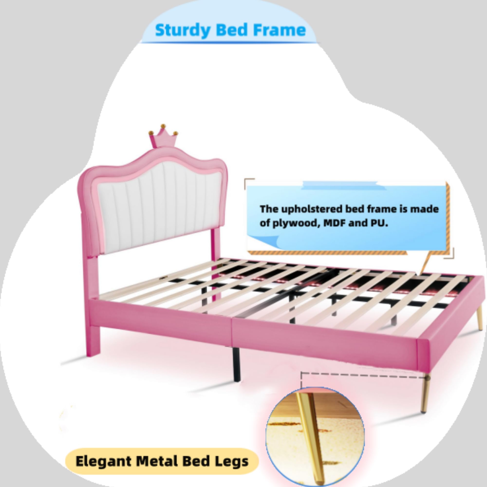 Linique Full Size Upholstered Bed Frame with LED Lights - Modern Princess Bed with Crown Headboard in White & Pink | Perfect for Girls' Bedroom, Teen Room & Luxury Bedroom Decor
