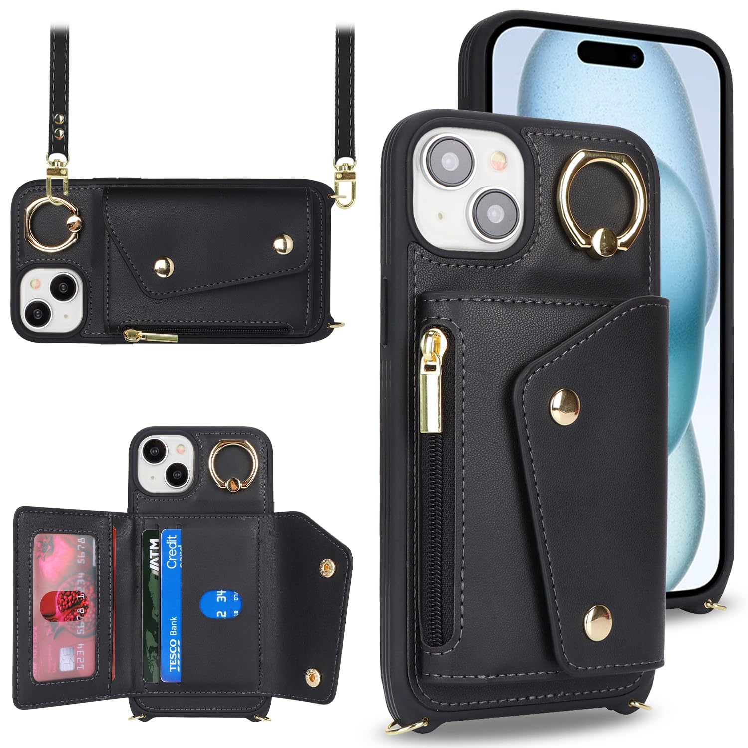 iPhone 15 Plus Wallet Case with Card Holder & Crossbody Strap - 6.7