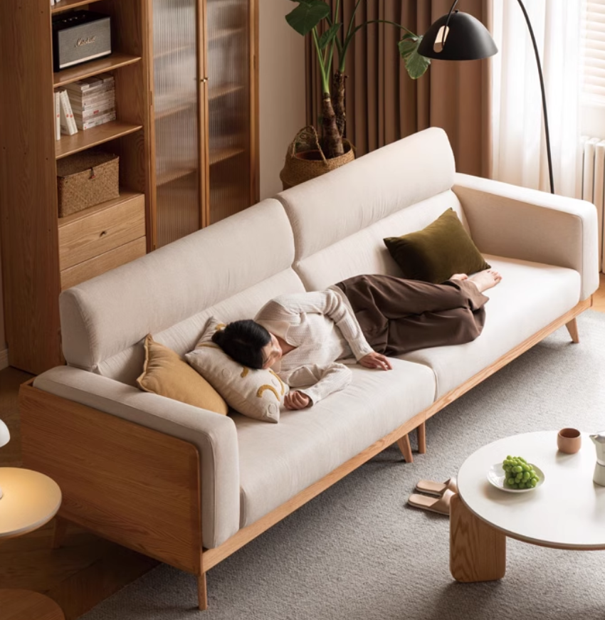Modern Oak Solid Wood Upholstered Fabric Sofa - Stylish & Durable Living Room Furniture for Home, Office, or Lounge