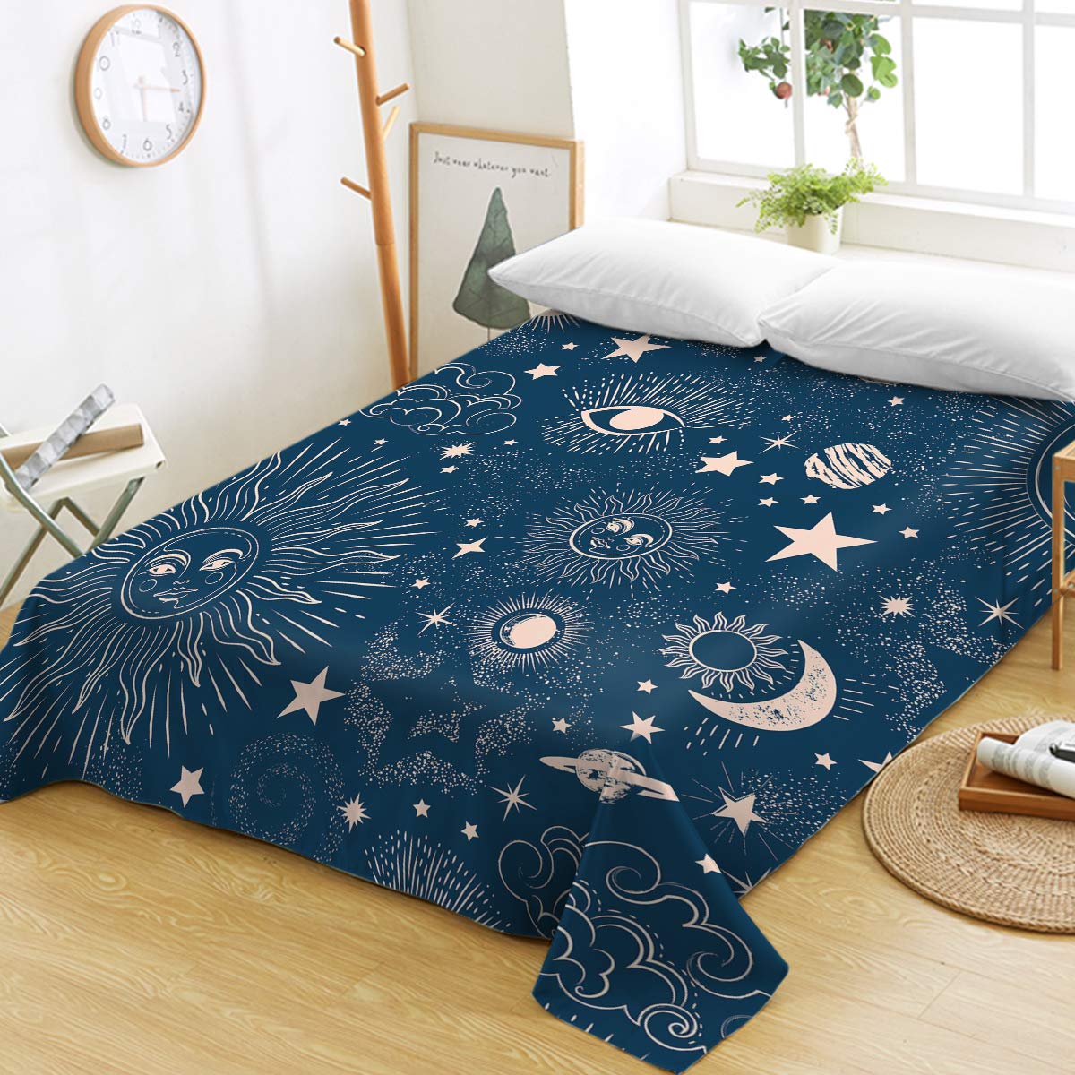 Celestial Sun Moon Star Boho Mandala Blue Bedding Set - Twin Size Galaxy Themed Flat Sheet for Kids Boys & Girls | Space Themed Bedroom Decor for Teens & Children's Room