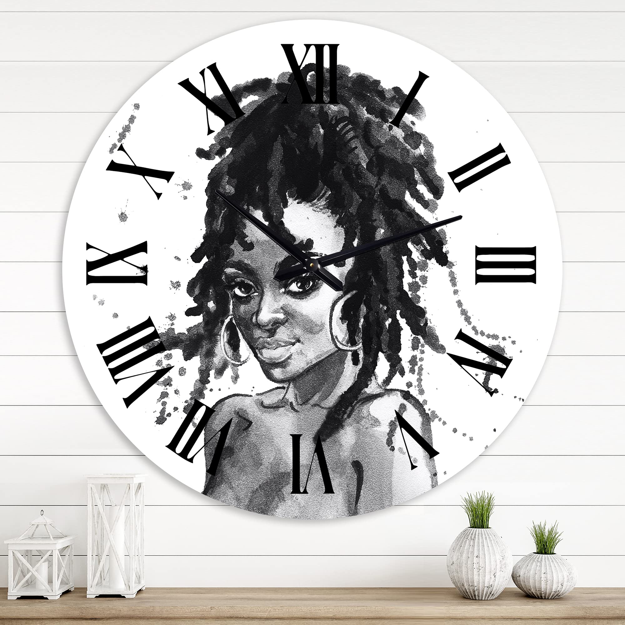 Modern Wall Clock - Monochrome Portrait of African American Woman II - Large Decorative Wall Clock for Living Room, Bedroom & Office - Unique Home Decor Gift Idea