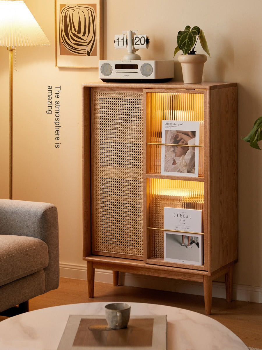 Solid Oak Wood Sliding Door Storage Cabinet with LED Lights - Modern Sideboard for Living Room, Bedroom & Entryway Organization