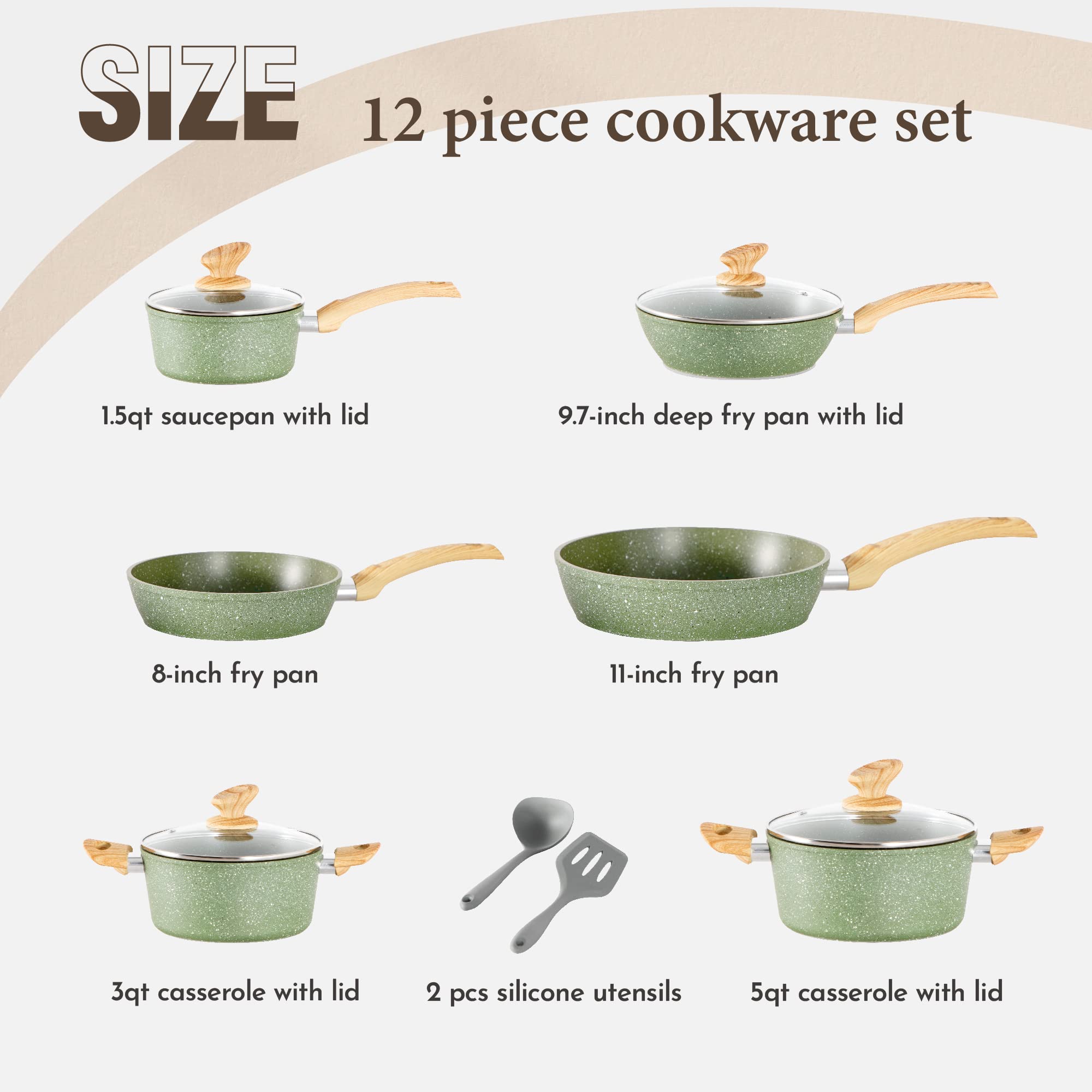 Kitchen Academy 12-Piece Induction Cookware Set - Nonstick Granite Pots and Pans for Gas & Electric Stoves | Perfect for Home Cooking, Meal Prep & Family Dinners