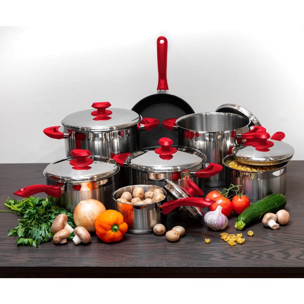 YBM HOME 13-Piece Stainless Steel Cookware Set with Aluminum Frying Pan - Professional Mirror Silver Induction Compatible Pots & Pans (1qt, 2.5qt, 3.5qt, 5qt, 7qt, 9qt) - Perfect for Home Cooking, Restaurant Use & Gift Giving