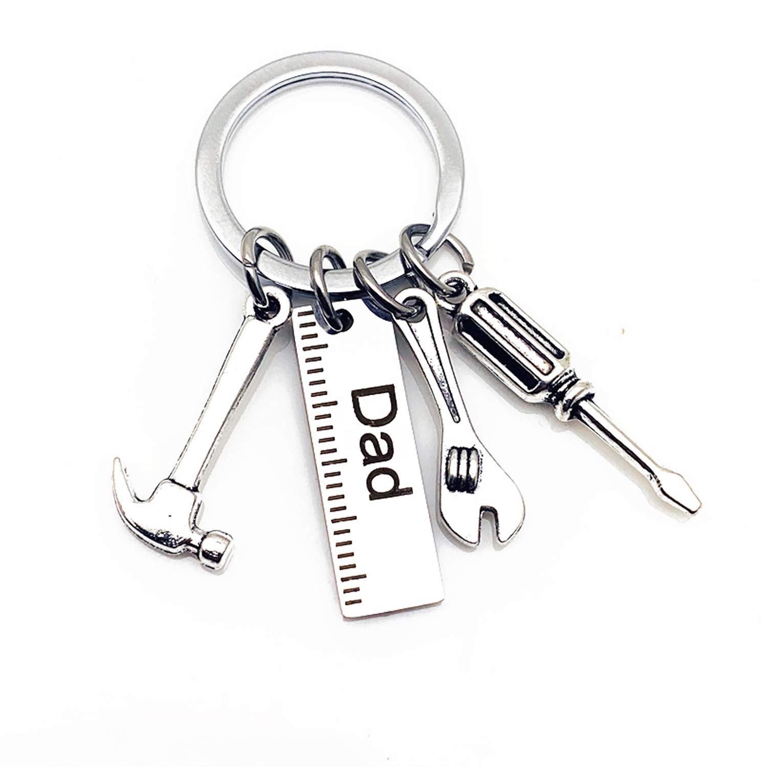 Personalized Stainless Steel Keychain for Dad - Engraved Nameplate with Screwdriver, Wrench, Hammer & Ruler Charms - Perfect Father's Day Gift for DIY Enthusiasts & Handymen