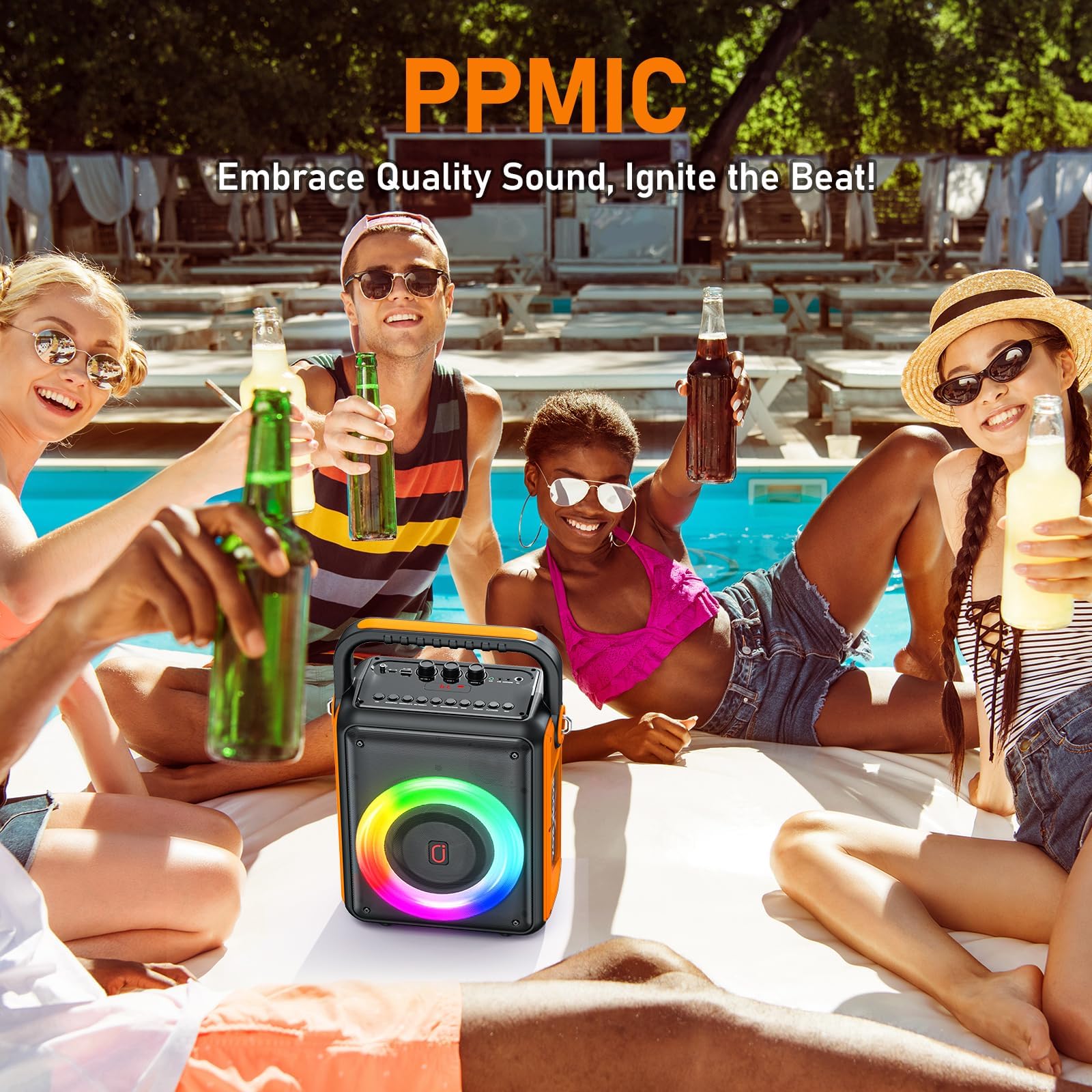 PPMIC Portable Bluetooth Karaoke Machine with 2 Wireless Mics - TWS, DJ Lights, Bass/Treble Control for Adults & Kids - Perfect for Parties, Outdoor Gatherings & Family Singing Fun