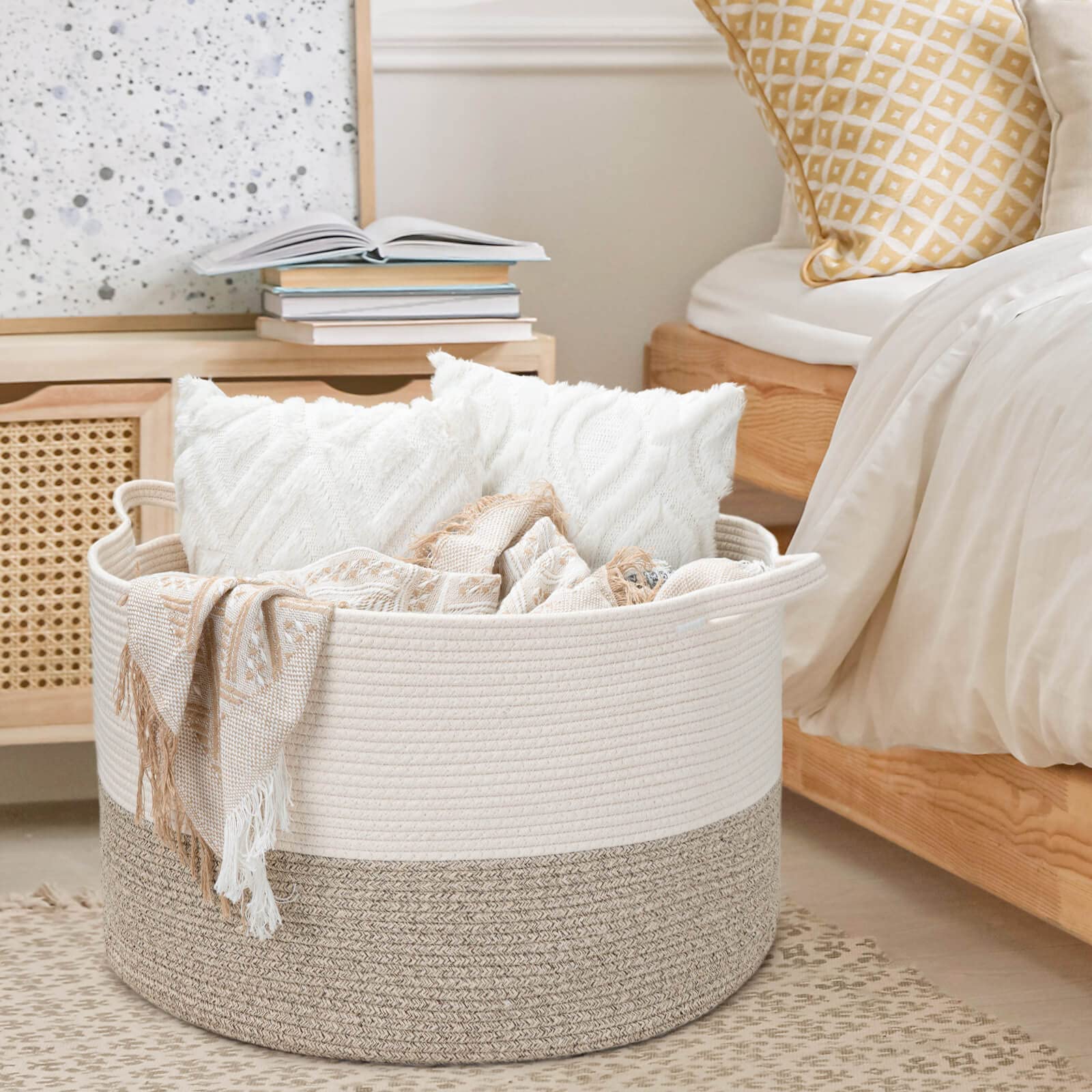 Extra Large Storage Basket for Blankets, Toys, and Laundry - Heavy Duty Woven Hamper with Handles for Living Room, Nursery, or Bathroom - Perfect for Organizing Baby Clothes, Pillows, and Home Essentials (White & Brown)