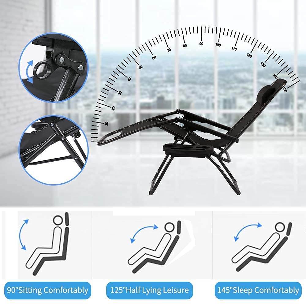 Best Folding Reclining Lounge Chair with Pillow & Cup Holder - Adjustable Massage Chair for Pool, Backyard, Beach, Patio - Comfortable Outdoor Relaxation (Black)