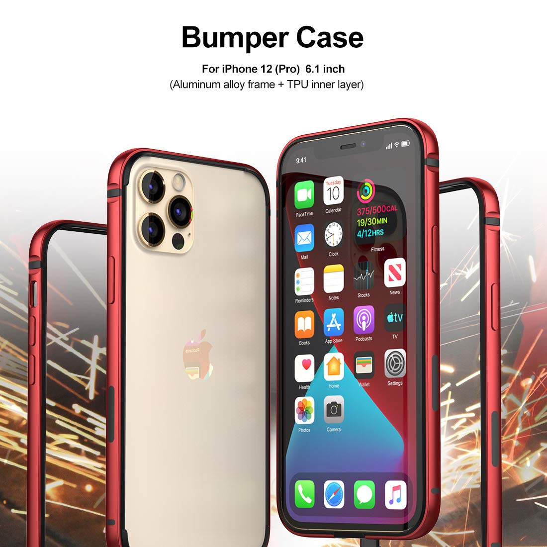 Eastcoo Ultra Slim Thin Phone Case for iPhone 12 & 12 Pro - Metal Bumper with Soft TPU Inner Shell | No Signal Interference | Supports Wireless Charging | Shockproof Protection | Perfect for Work, Travel & Everyday Use (Red)