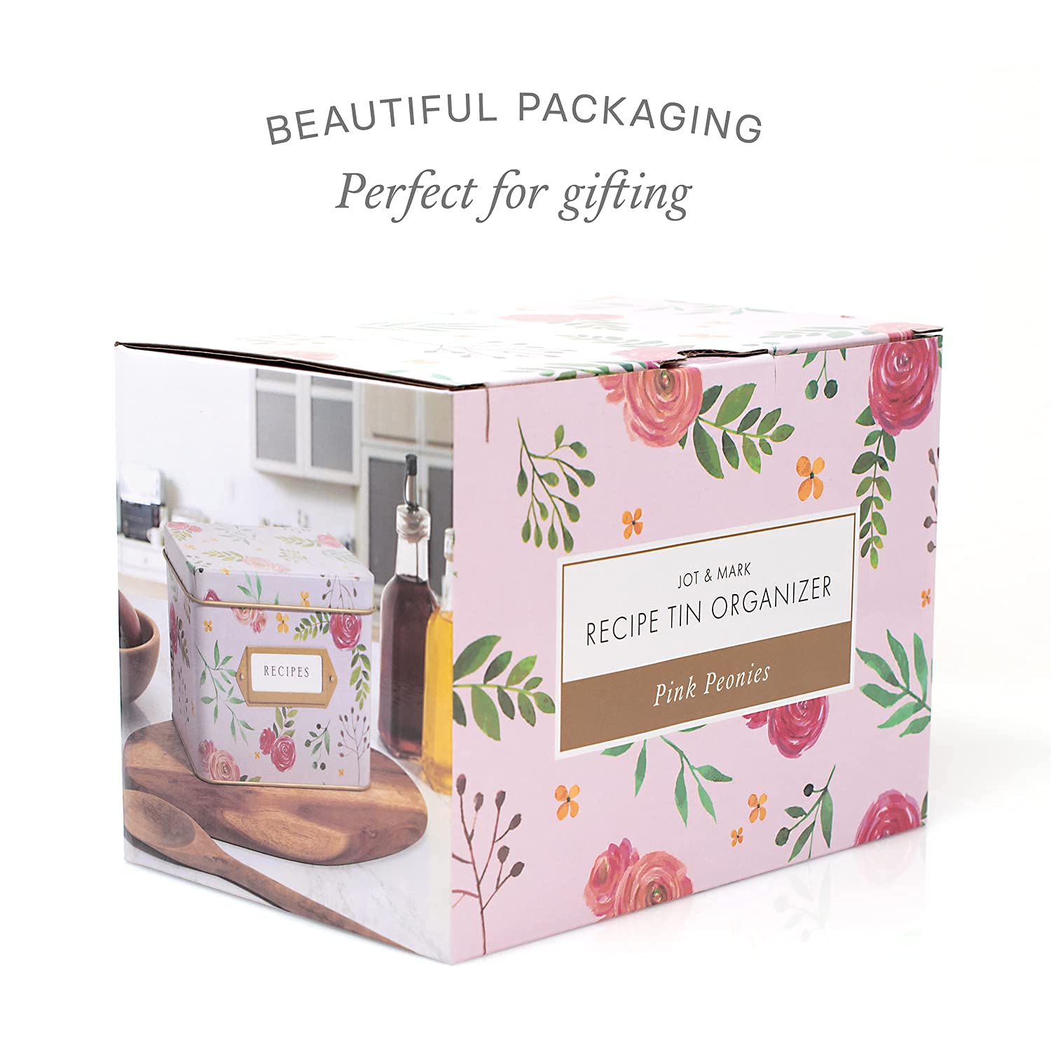 Jot & Mark Recipe Card Gift Box - 25 Pack 4x6 Inch Recipe Cards with 14 Dividers & Decorative Tin Storage Box - Perfect for Organizing Family Recipes, Meal Planning, and Holiday Gifting