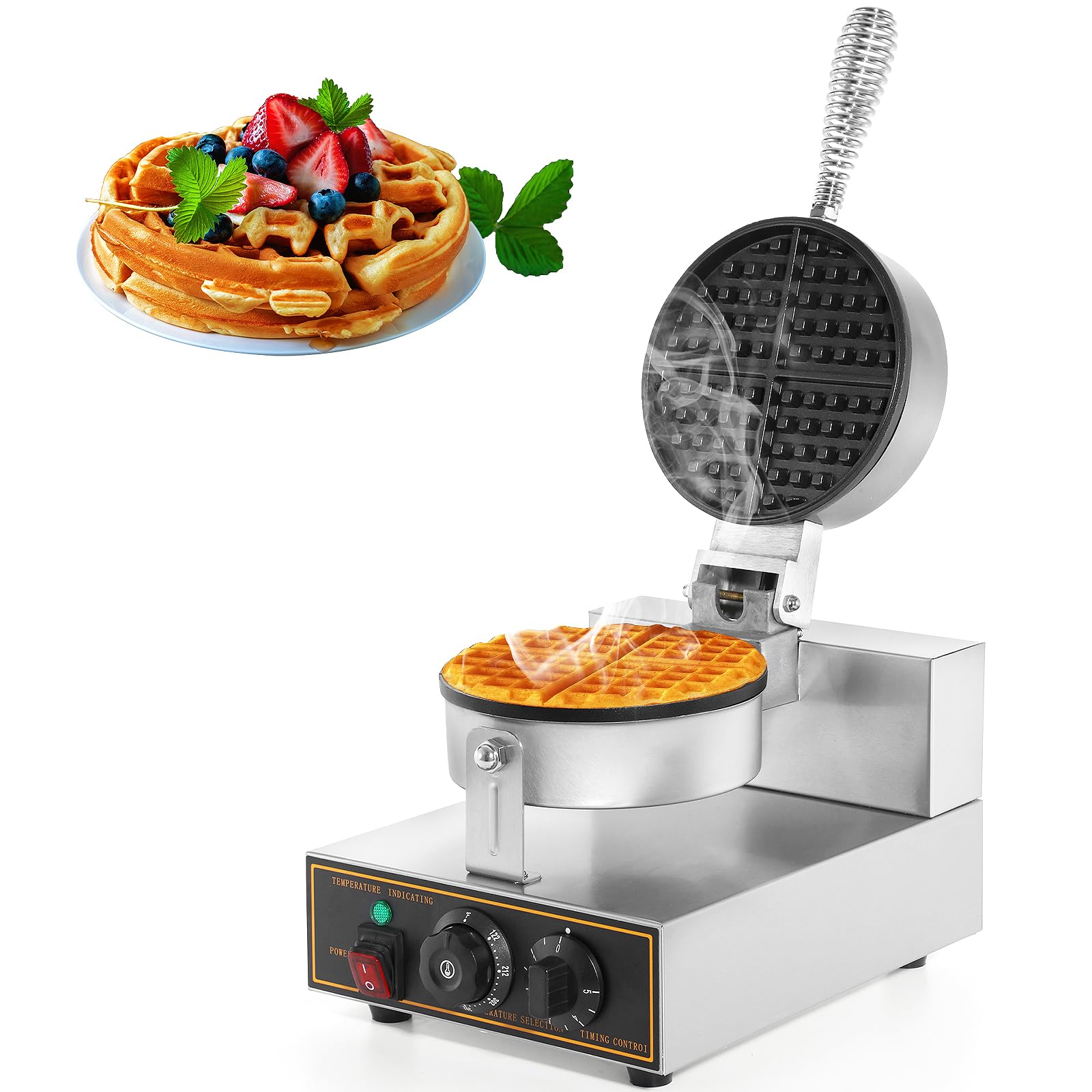 WICHEMI Commercial Round Waffle Maker - 1200W Electric Stainless Steel Waffle Iron with Non-Stick Surface for Bakery, Restaurant, Snack Bar or Home Use (110V, Single Head) - Perfect for Breakfast, Brunch, and Dessert Preparation