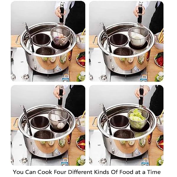 RSBFER Commercial Stainless Steel Pasta Cooker Set with Strainer Basket - 4 Hole Pasta Cooking Tool for Restaurants & Catering | Cook 3-5 Different Foods Simultaneously | Perfect for Italian Restaurants, Food Trucks & Home Kitchens