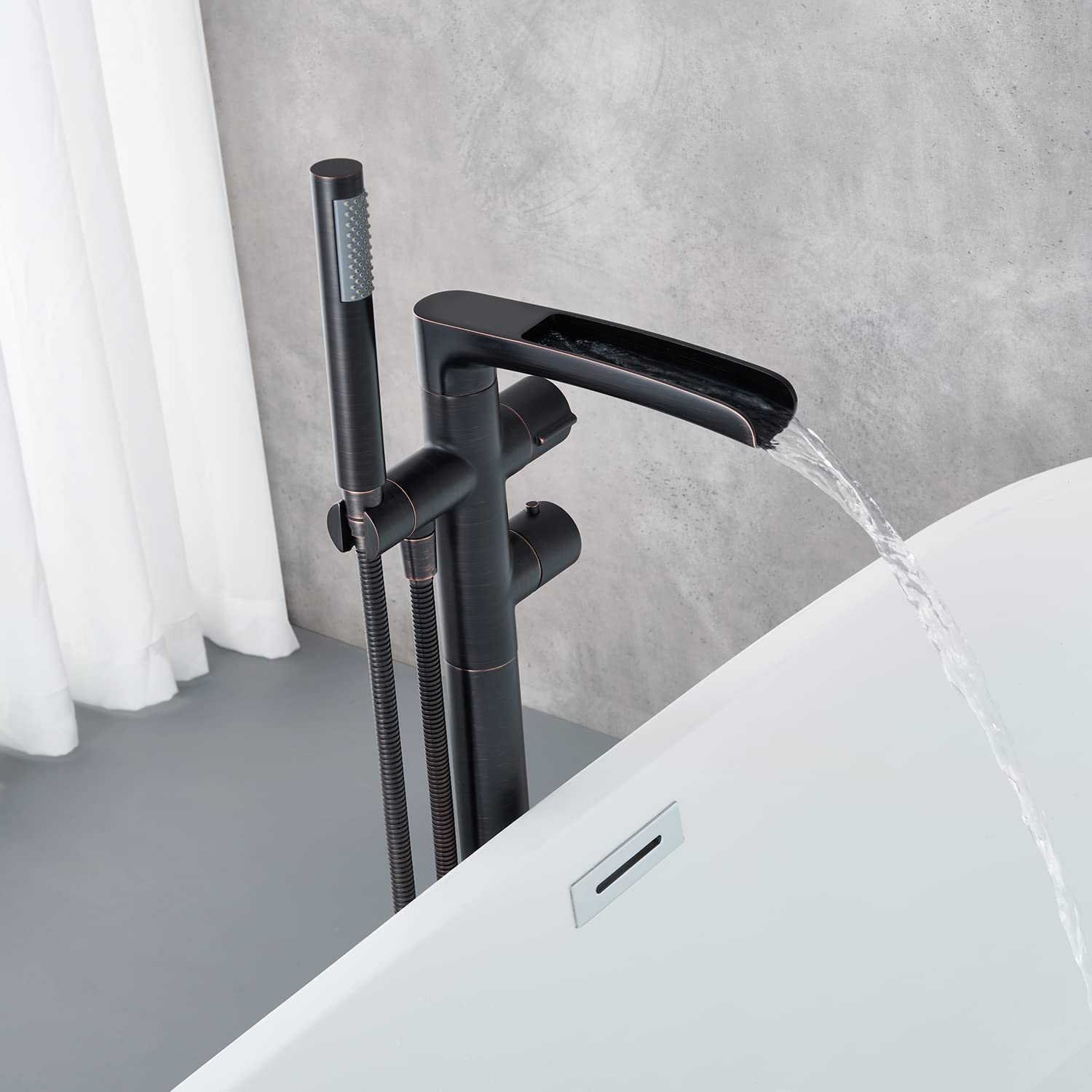 Thermostatic Freestanding Bathtub Faucet - Oil Rubbed Bronze Waterfall Tub Filler with Hand Shower & Rough-in Valve | Floor Mount Brass Bathroom Faucet for Luxury Spa & Master Bathroom Renovation