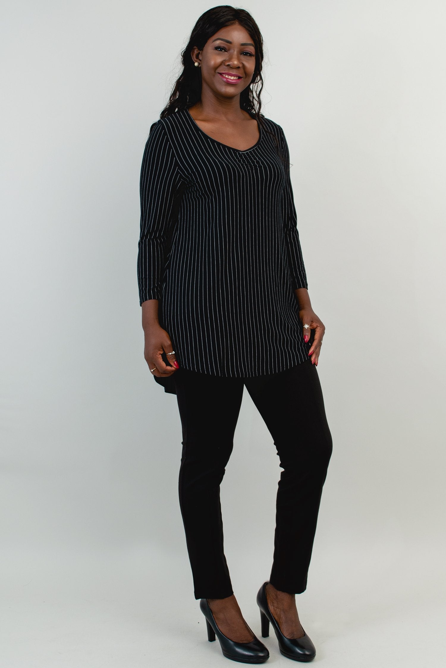 Franny Top - Black & White Pin Stripe Bamboo Blouse for Women | Soft & Breathable Eco-Friendly Shirt | Perfect for Office Wear, Casual Outfits & Summer Fashion