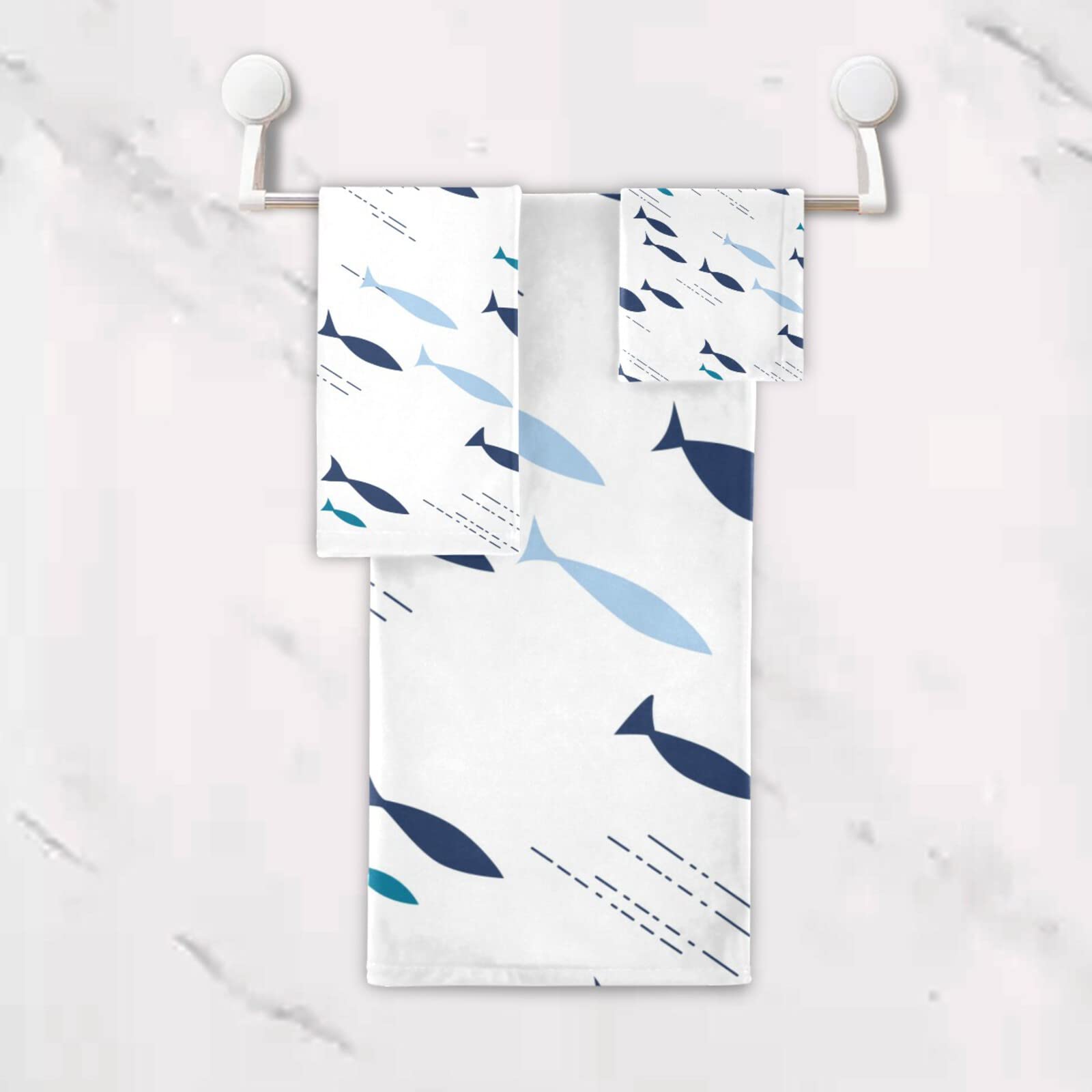 Premium 3-Piece Blue Fish Bath Towel Set - 1 Bath Towel, 1 Hand Towel, 1 Washcloth | Ultra Absorbent & Quick-Drying Soft Cotton Towels for Bathroom, Hotel, Gym, Spa, Beach & Home Use