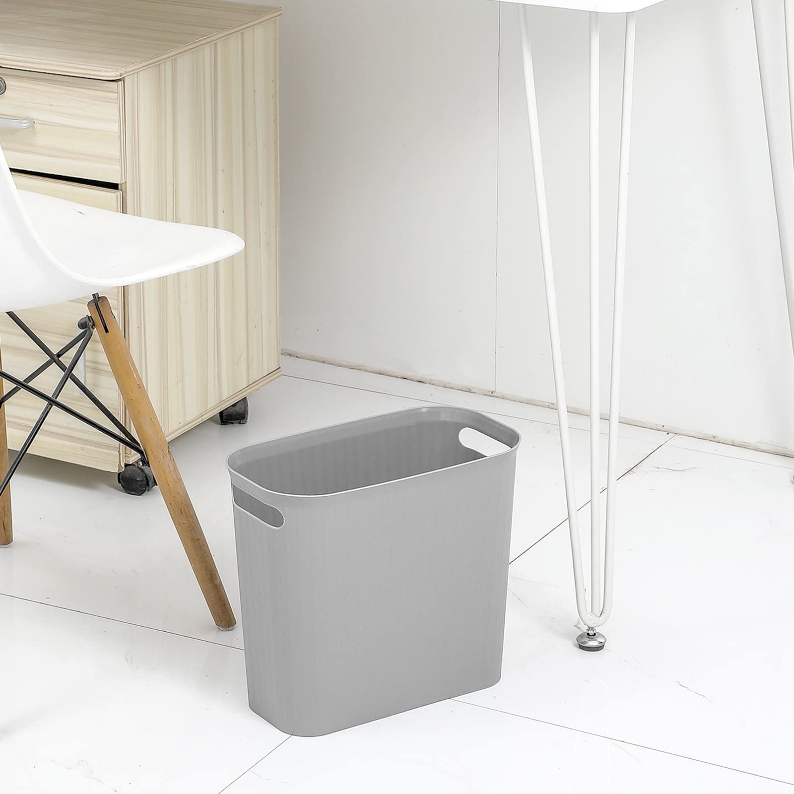 Rejomiik 3.5 Gallon Slim Plastic Trash Can with Handles - Small Waste Basket for Bathroom, Bedroom, Office, Kitchen & Dorm - Space-Saving Rectangular Garbage Bin (Gray, 1-Pack) - Perfect for Tight Spaces & Home Organization