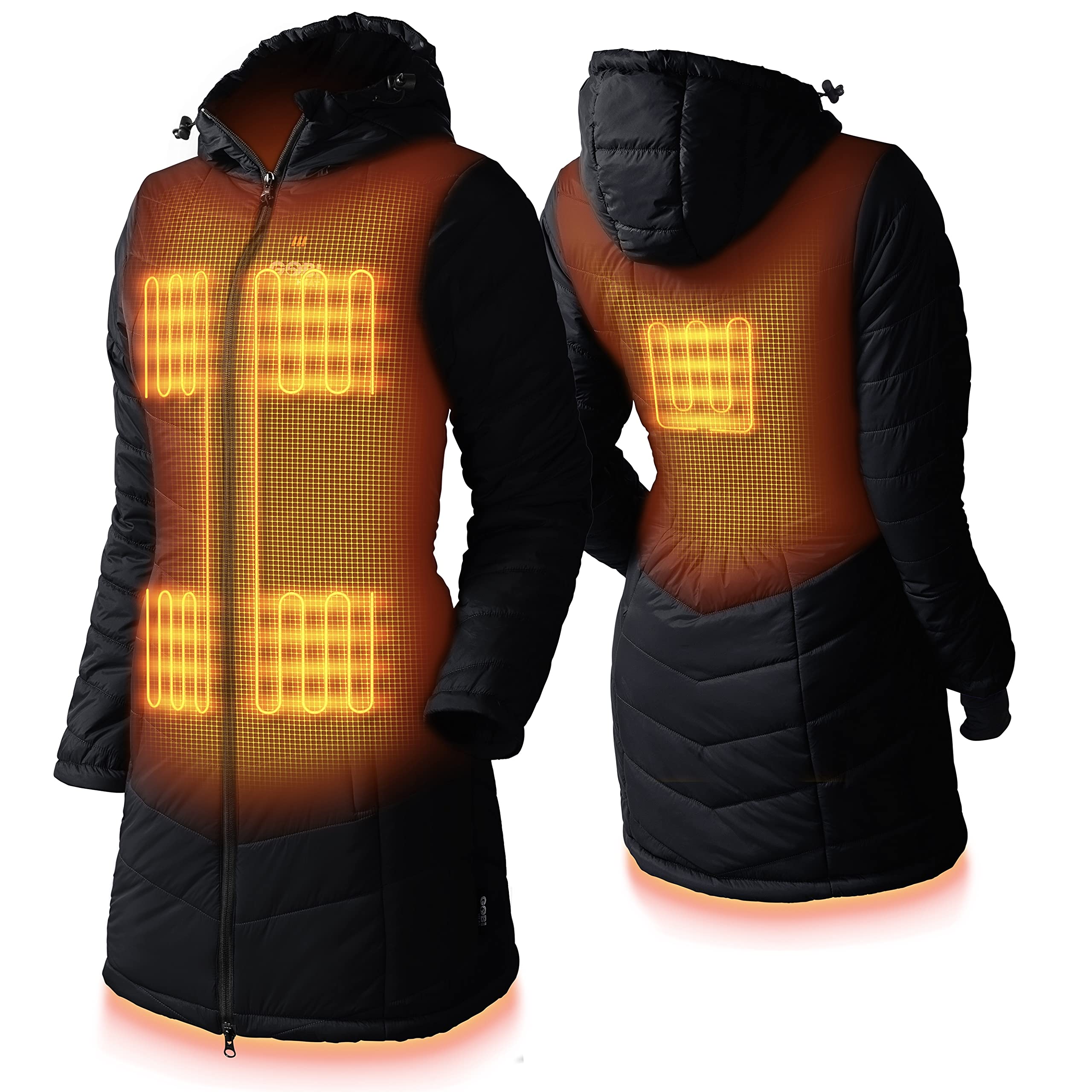Victoria Women’s Long Puffer Heated Jacket with Battery & Charger - 9 Hours Heating, 5 Adjustable Heat Zones, Machine Washable, All-Day Warmth for Winter - Perfect for Outdoor Activities, Commuting & Cold Weather (XS, Onyx)