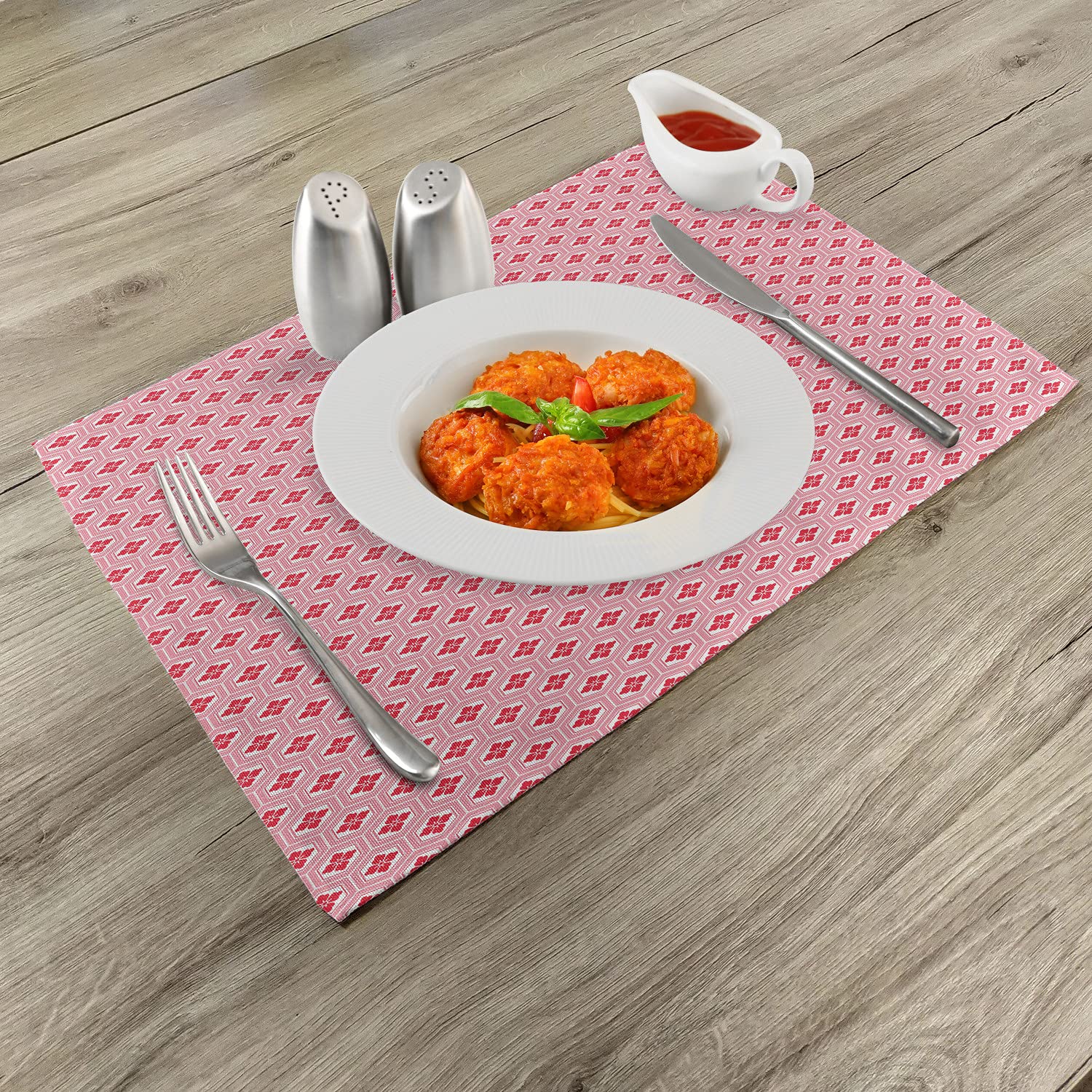 Ambesonne Rose Place Mats Set of 4 - Traditional Japanese Rhombus Pattern Floral Kimono Design Washable Fabric Placemats for Dining Table & Kitchen Decor in Dark Coral Rose & White - Perfect for Dinner Parties, Holiday Gatherings & Asian-Inspired Home Styling